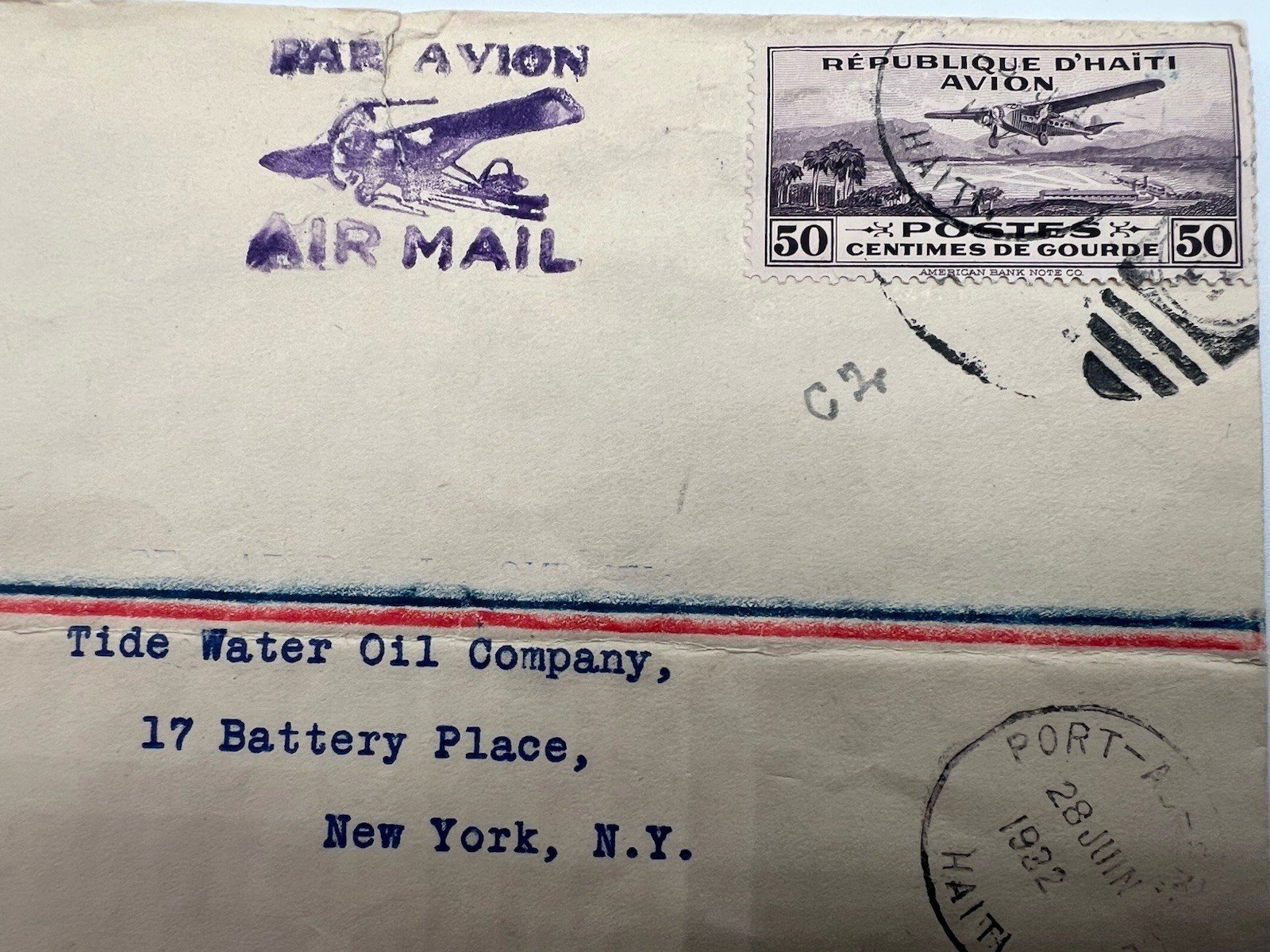 1932 Haiti Airmail Cover Preetzmann-Aggerholm to Tide Water Oil NY # 1215 photo 2
