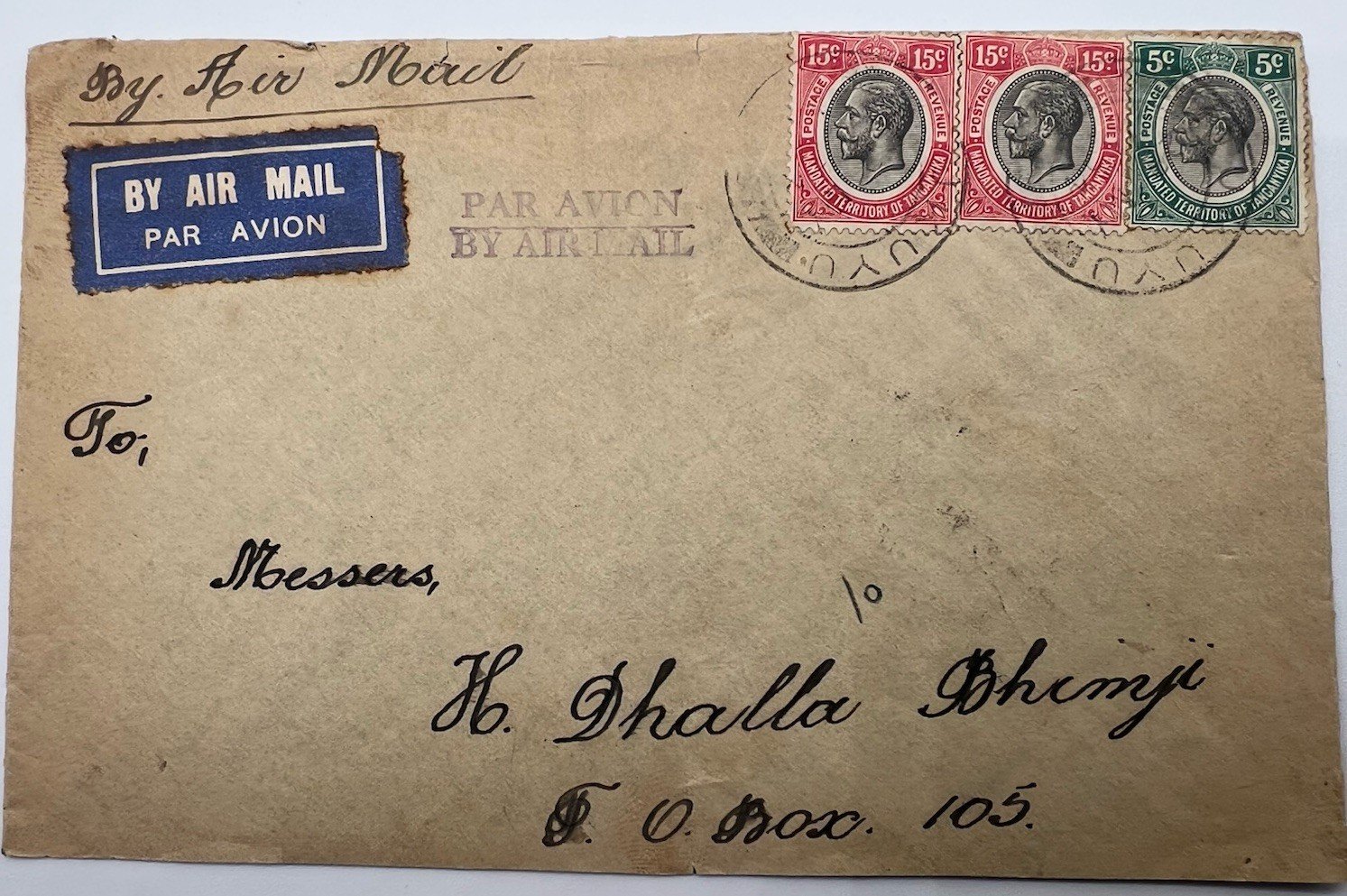 1934 Tanganyika Airmail Cover Tukuyu to Shanghai China KGV Stamps # 1216