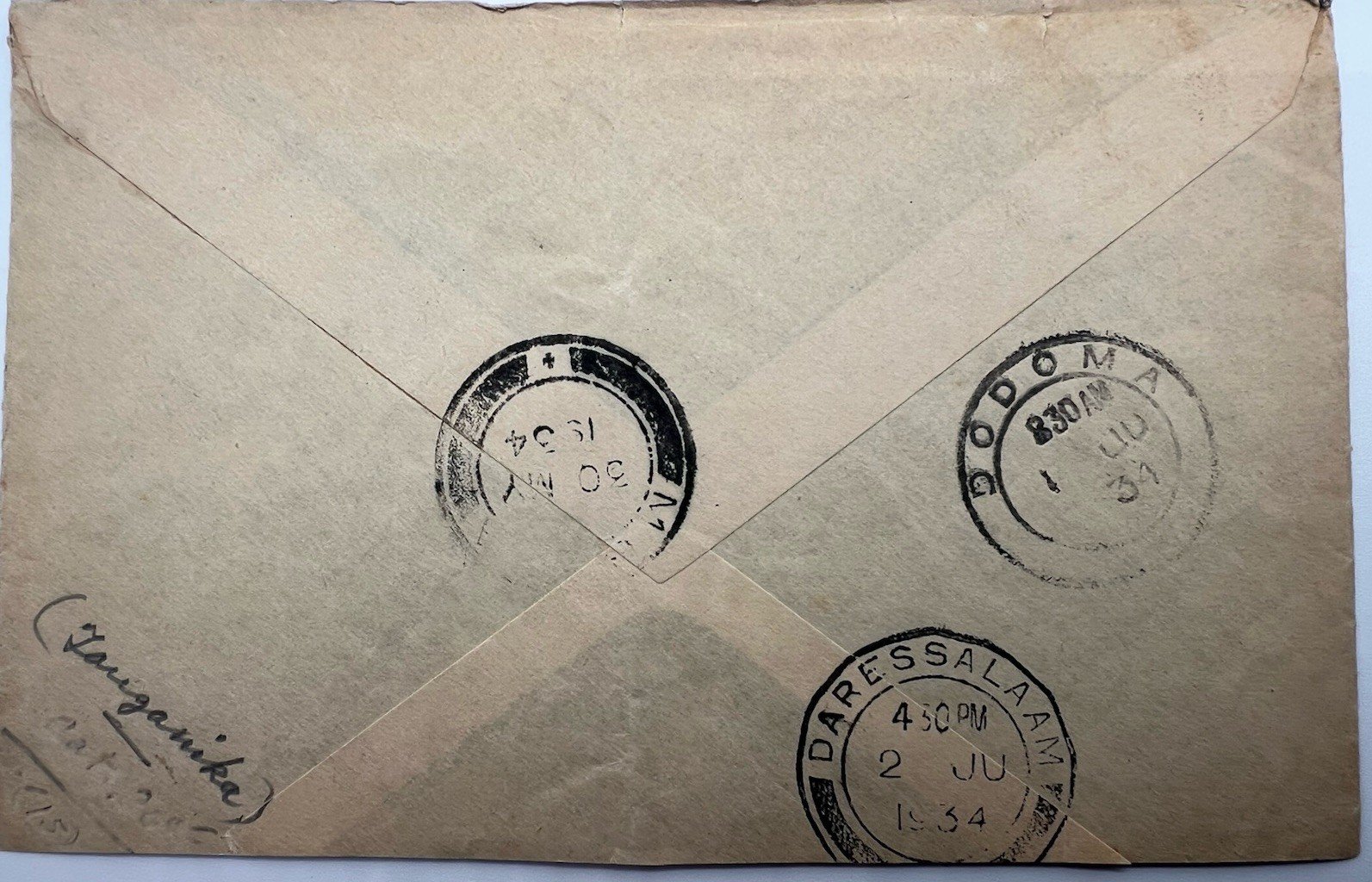 1934 Tanganyika Airmail Cover Tukuyu to Shanghai China KGV Stamps # 1216 photo 6