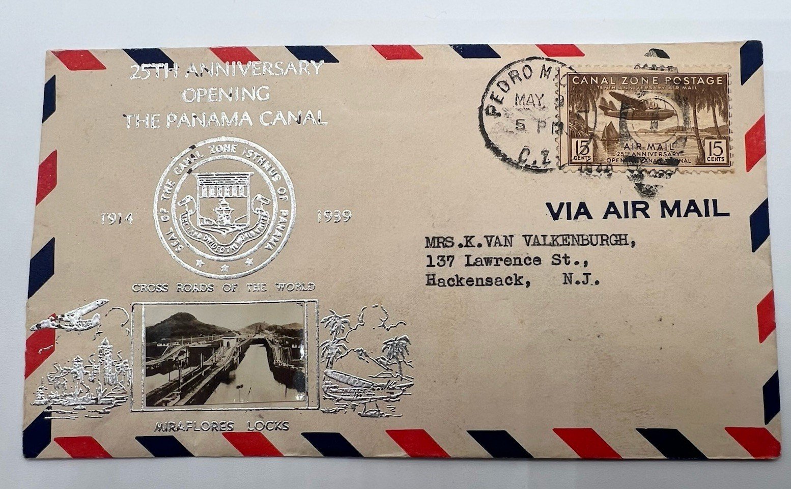 1939 Panama Canal Zone 25th Anniversary Airmail Cover Van Valkenburgh # 1217