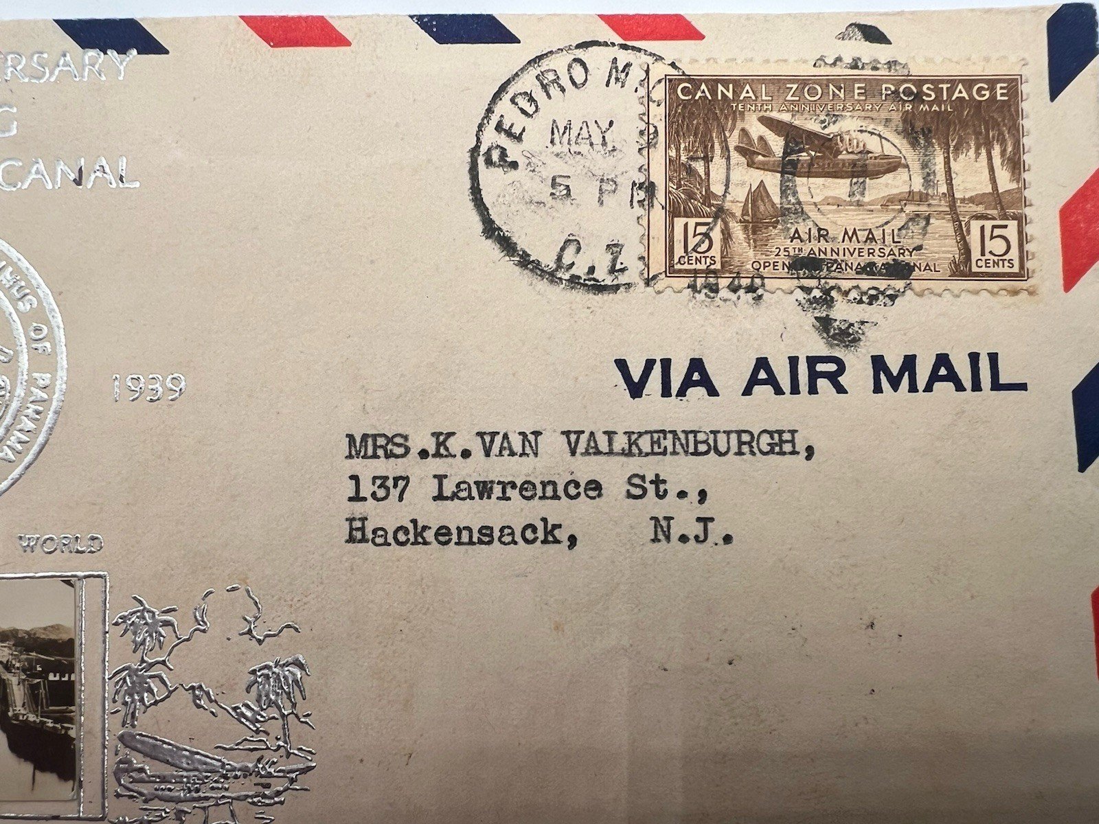 1939 Panama Canal Zone 25th Anniversary Airmail Cover Van Valkenburgh # 1217 photo 2