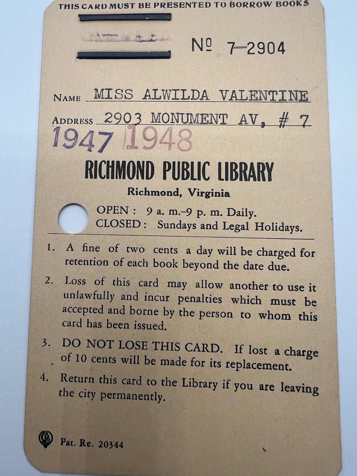 1947-48 Richmond Public Library Card Alwilda Valentine Metal Plate # 1220