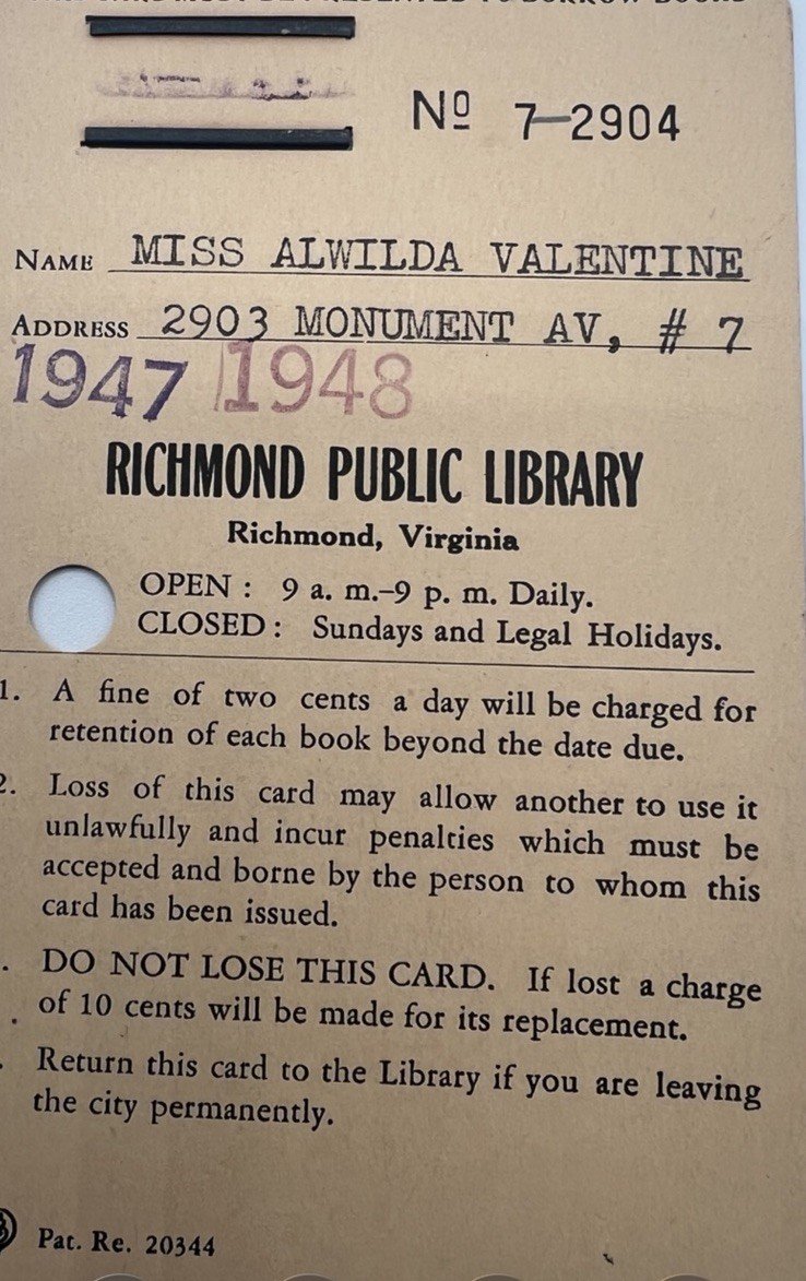 1947-48 Richmond Public Library Card Alwilda Valentine Metal Plate # 1220 photo 3
