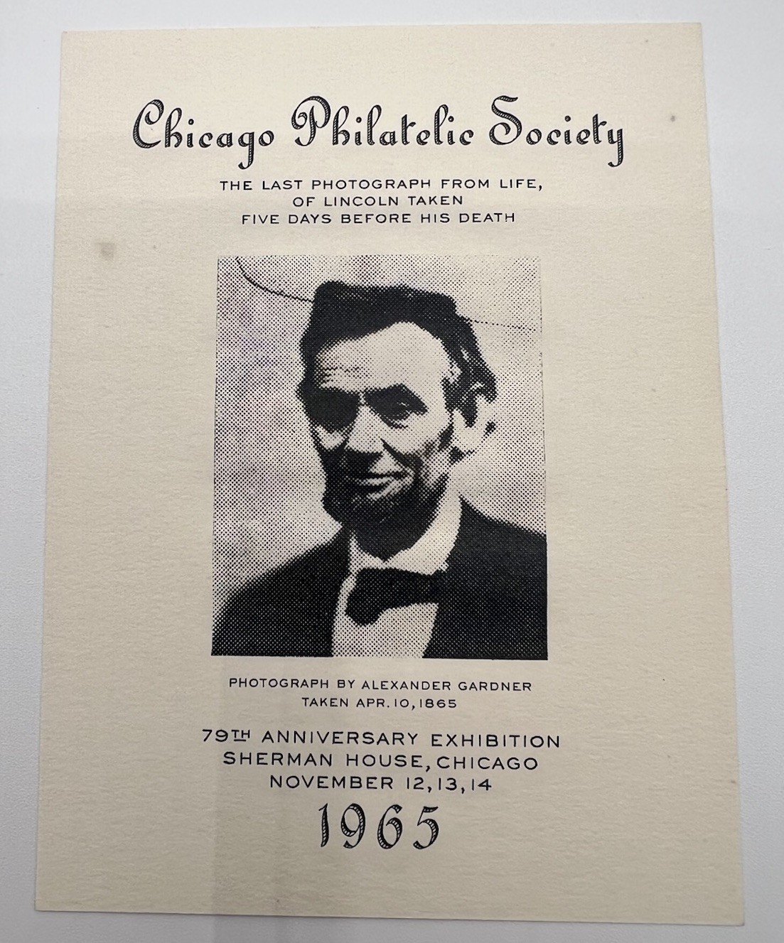 1965 Chicago Philatelic Society Lincoln Exhibition Souvenir Sheet # 1221