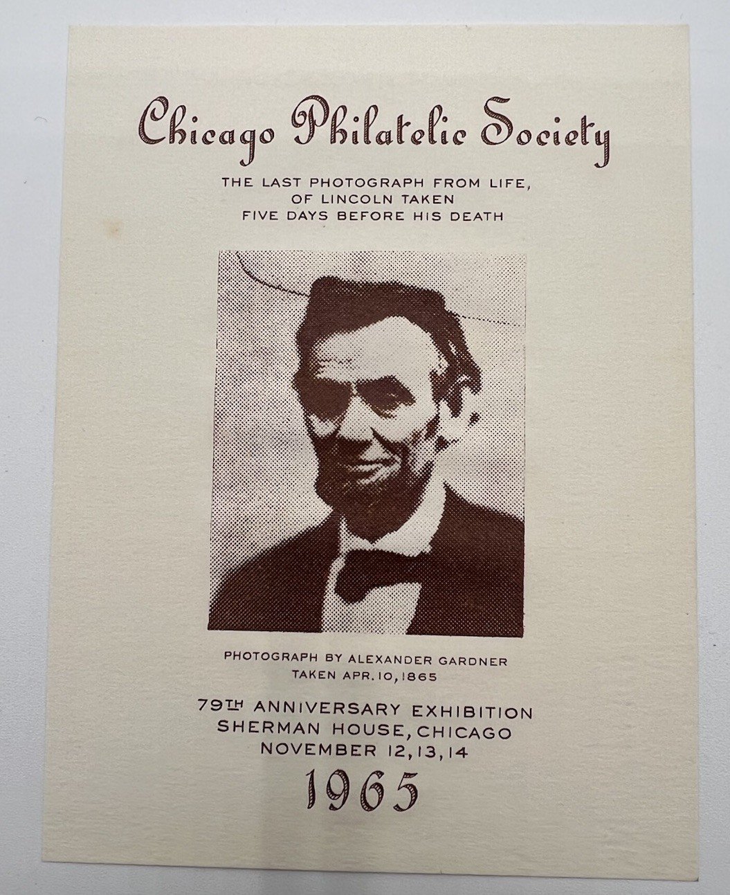 1965 Chicago Philatelic Society Abraham Lincoln Souvenir Sheet # 1222