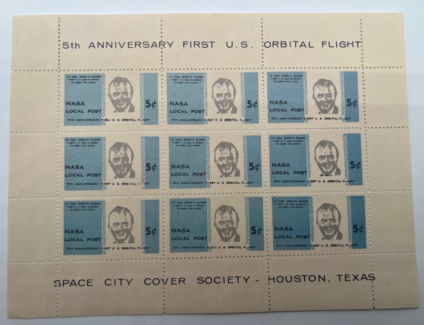 1967 NASA Local Post John Glenn Space City Cover Society Stamp Sheet # 1223