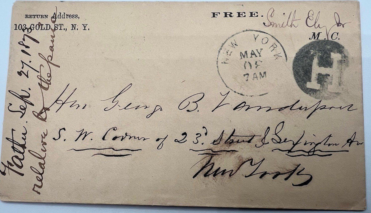 1873 Smith Ely Jr. Congressman Free Frank Cover to George B. Vanderpoel # 1224