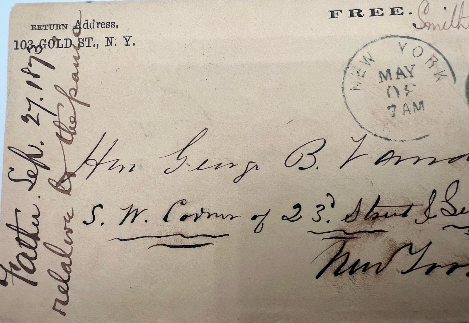 1873 Smith Ely Jr. Congressman Free Frank Cover to George B. Vanderpoel # 1224 photo 4