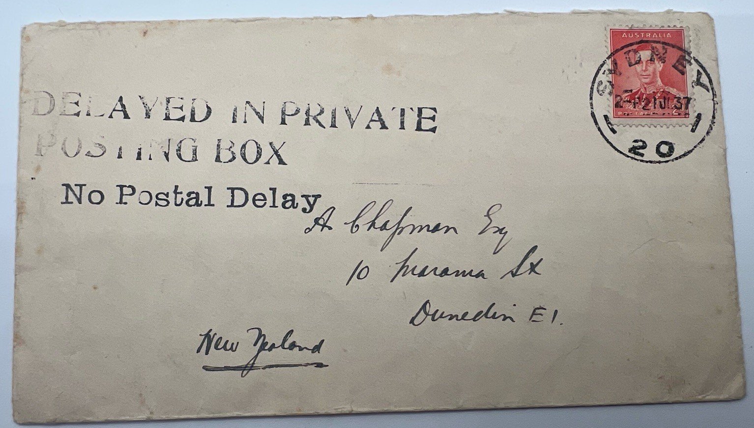 1937 Australia–New Zealand Cover Delayed Private Posting Box Mark # 1225