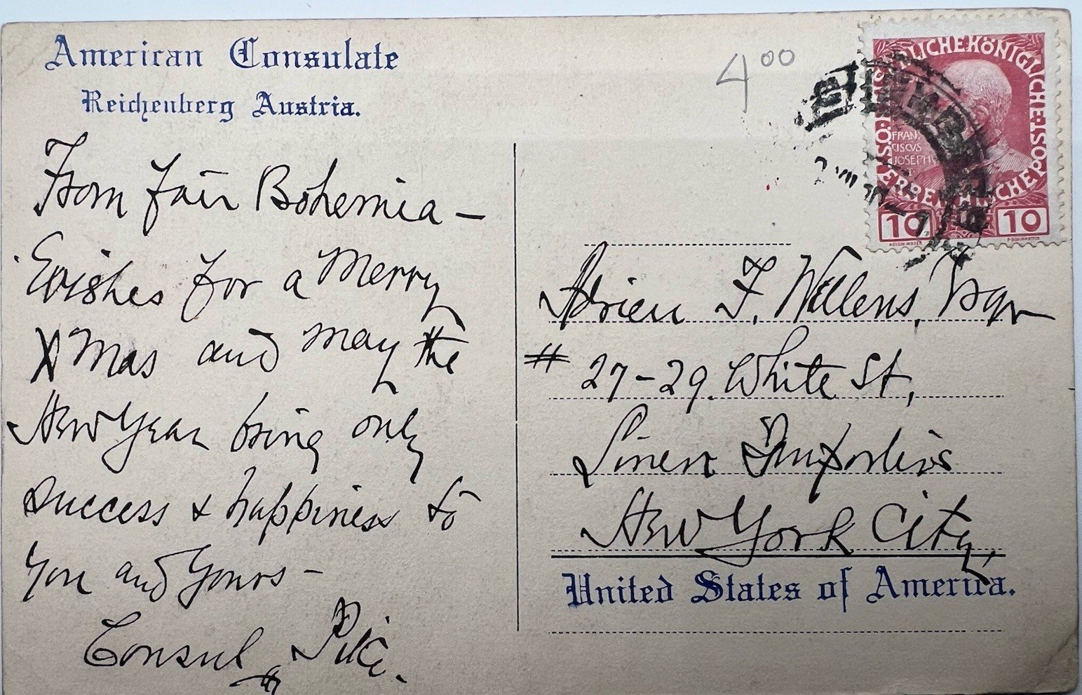 c1910 American Consulate Reichenberg Austria U.S. Flag Postcard # 1227 photo 2