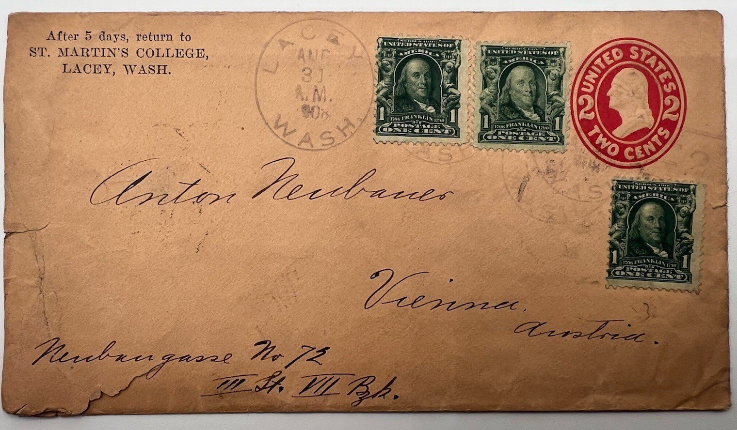 1908 St. Martin’s College Lacey WA Cover to Vienna Austria 5c Rate # 1228
