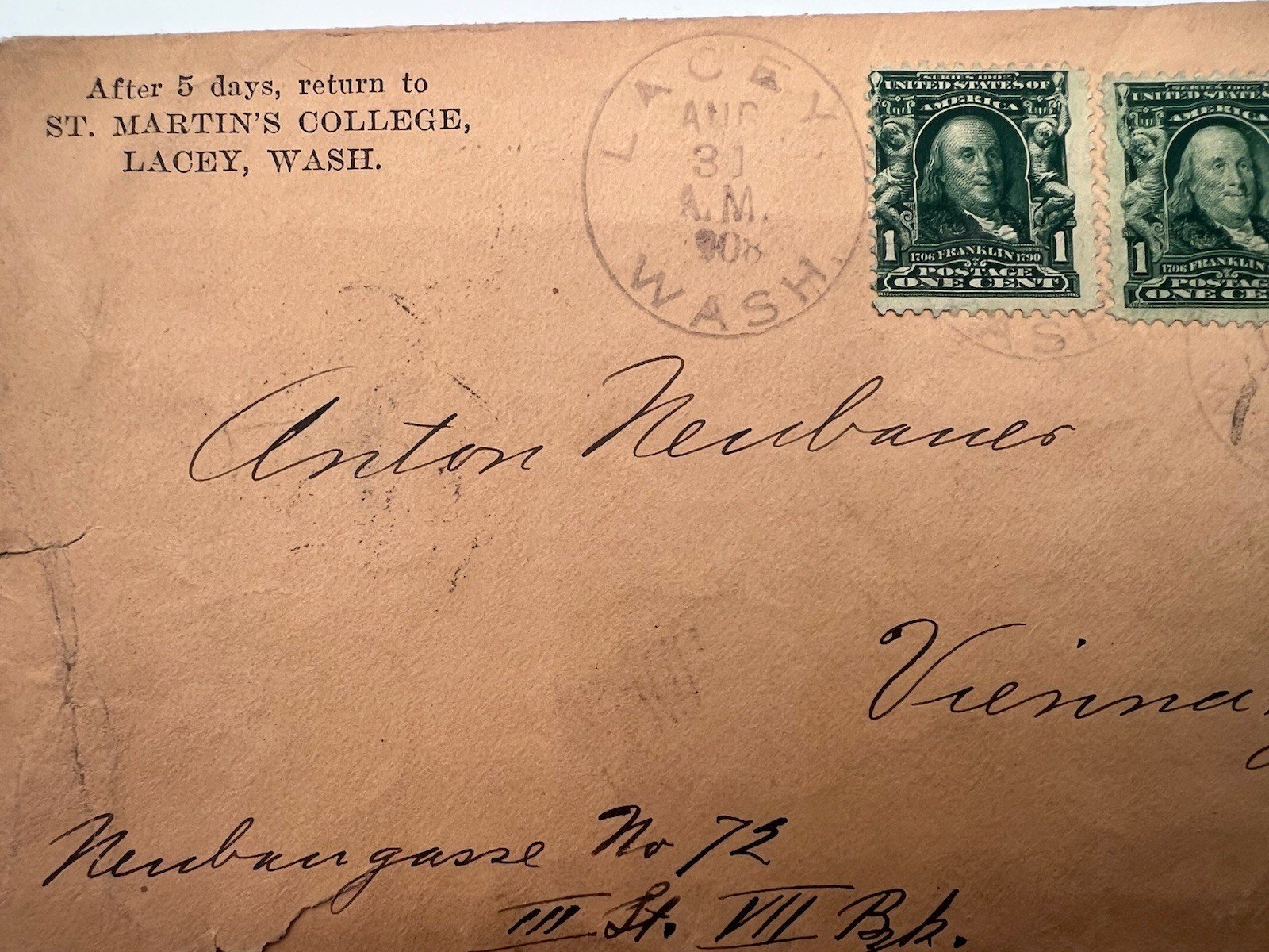 1908 St. Martin’s College Lacey WA Cover to Vienna Austria 5c Rate # 1228 photo 3