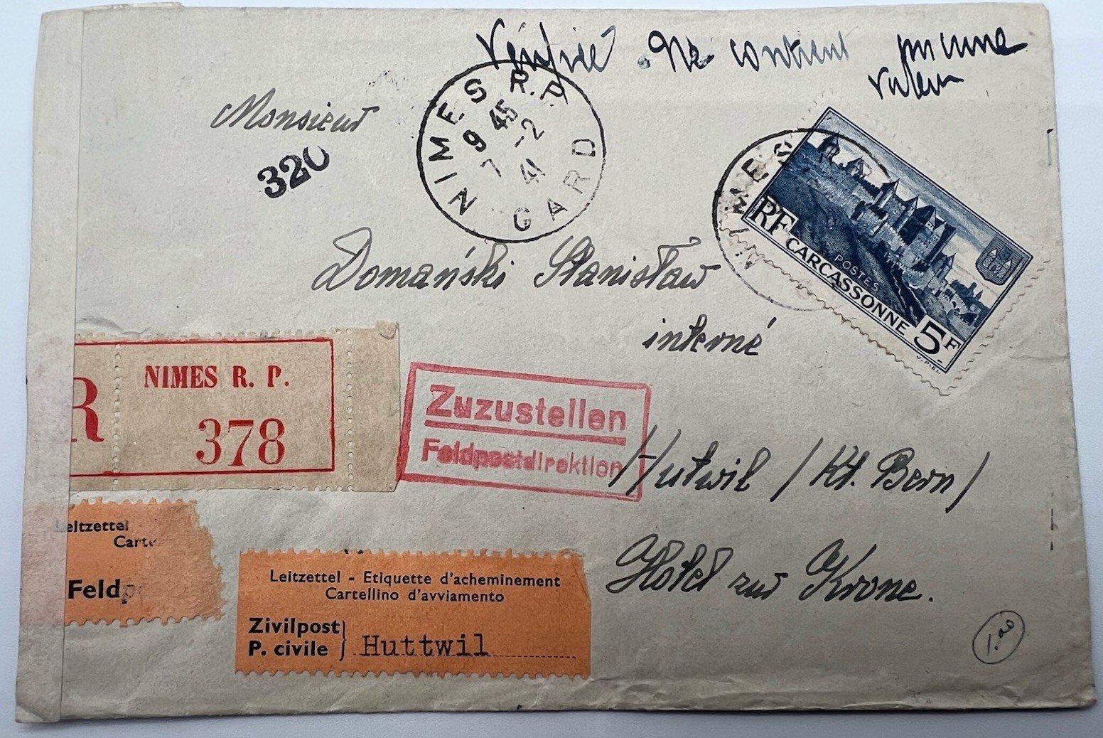 1941 WWII Vichy France to Swiss Internee Registered Censored Cover # 1234