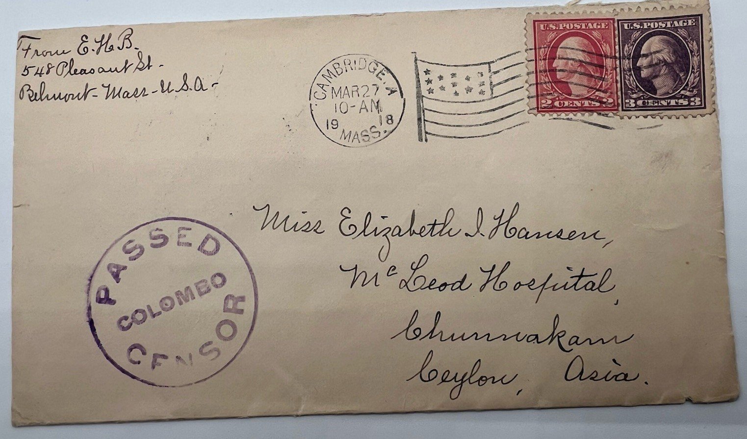 1918 WWI USA to Ceylon McLeod Hospital Colonial Censor Cover # 1235