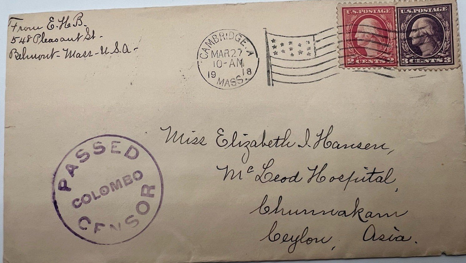 1918 WWI USA to Ceylon McLeod Hospital Colonial Censor Cover # 1235 photo 2