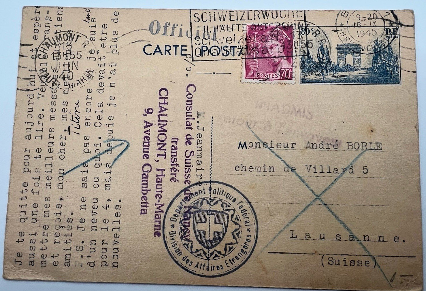 1940 WWII France to Switzerland Swiss Consulate Censored Postcard # 1236