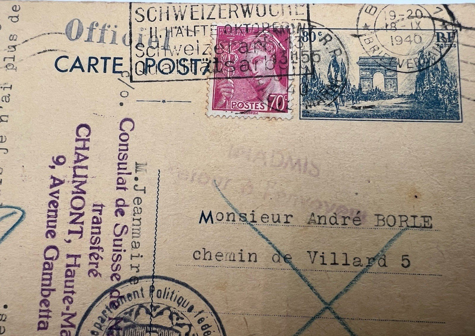 1940 WWII France to Switzerland Swiss Consulate Censored Postcard # 1236 photo 2