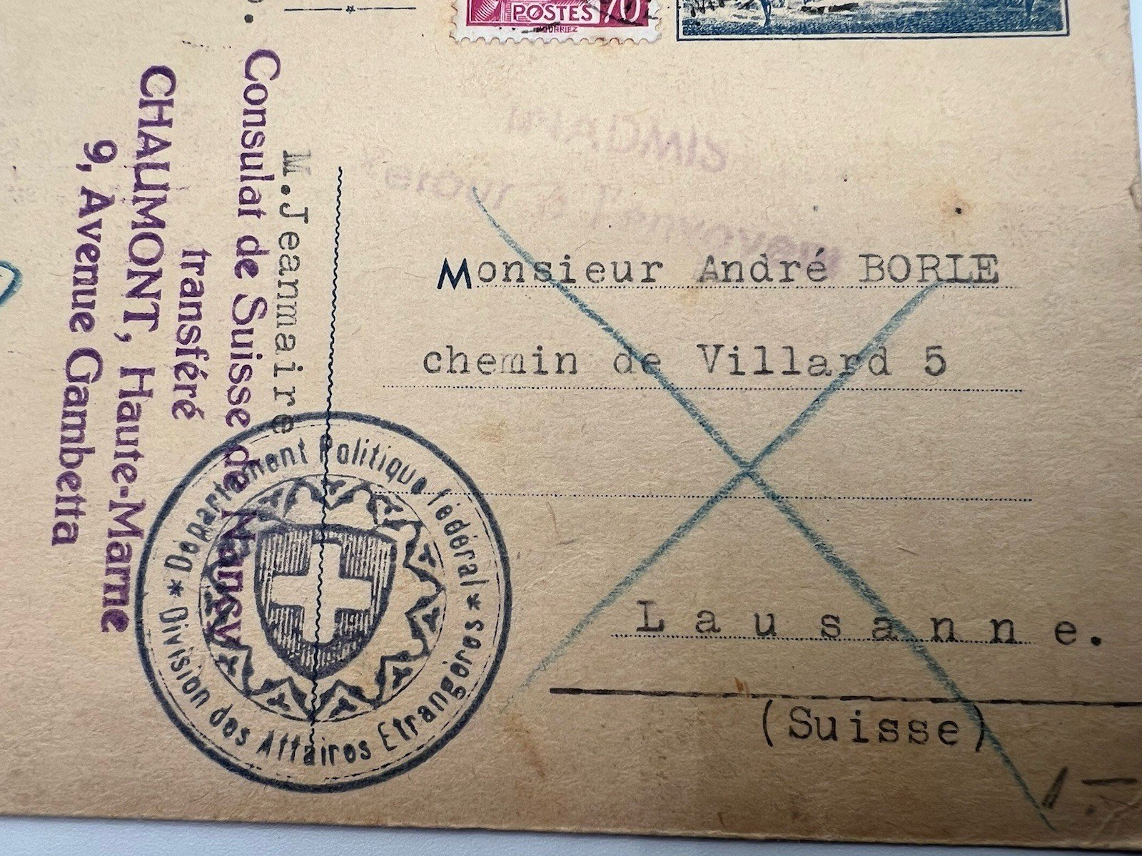 1940 WWII France to Switzerland Swiss Consulate Censored Postcard # 1236 photo 3