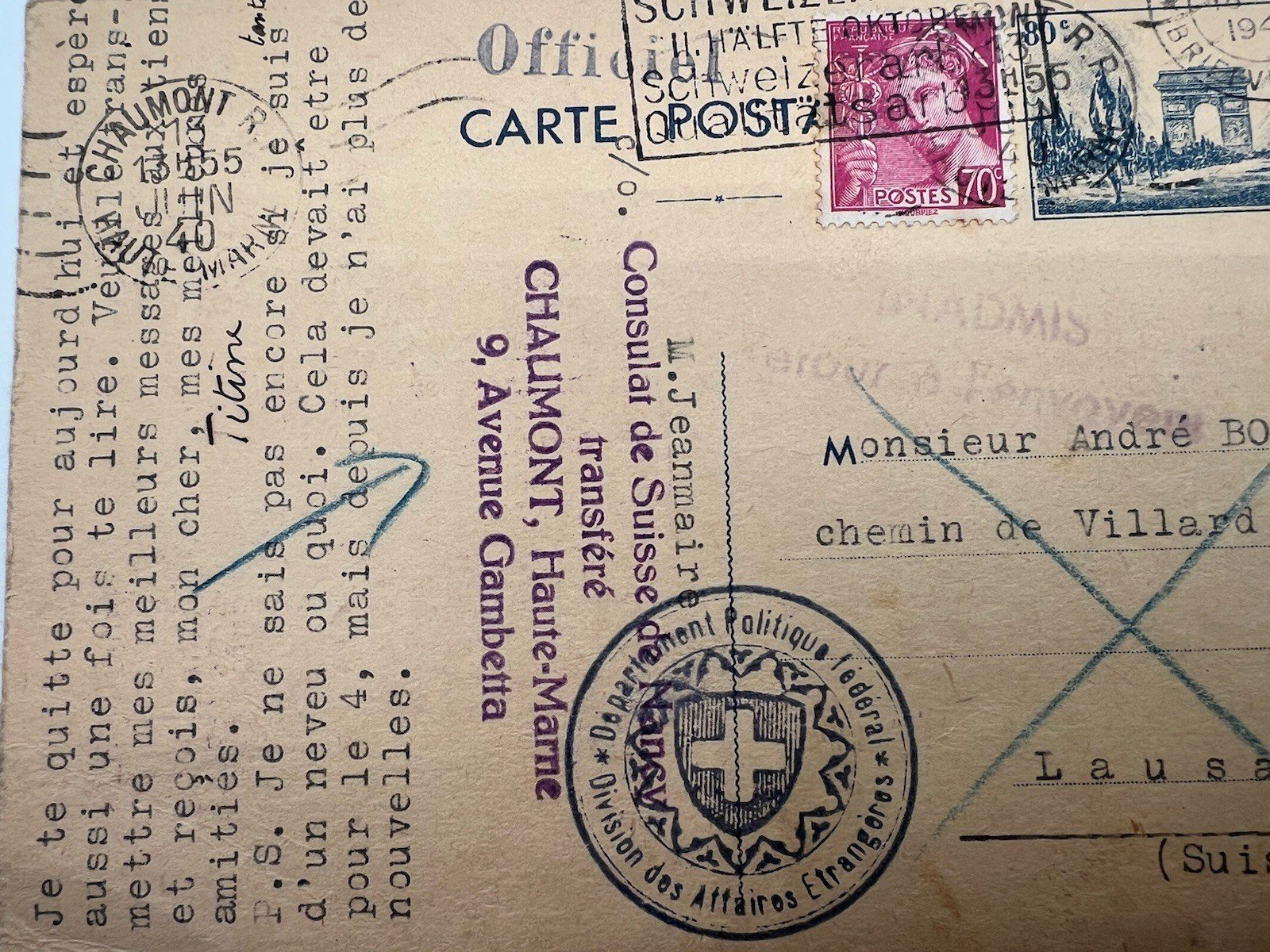 1940 WWII France to Switzerland Swiss Consulate Censored Postcard # 1236 photo 4