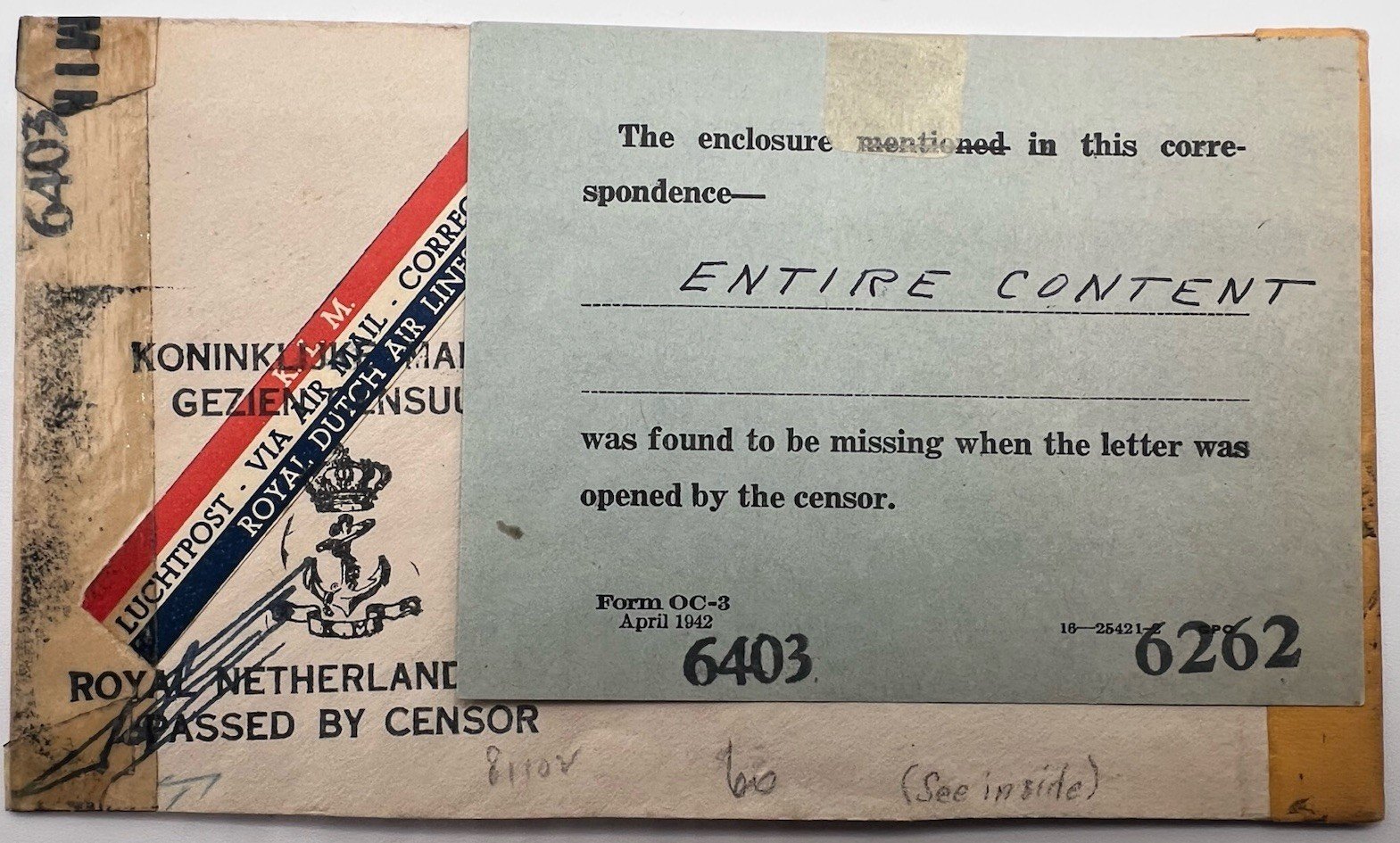 1942 Suriname WWII Censored KLM Airmail Cover to USA w/ OC-3 # 1238
