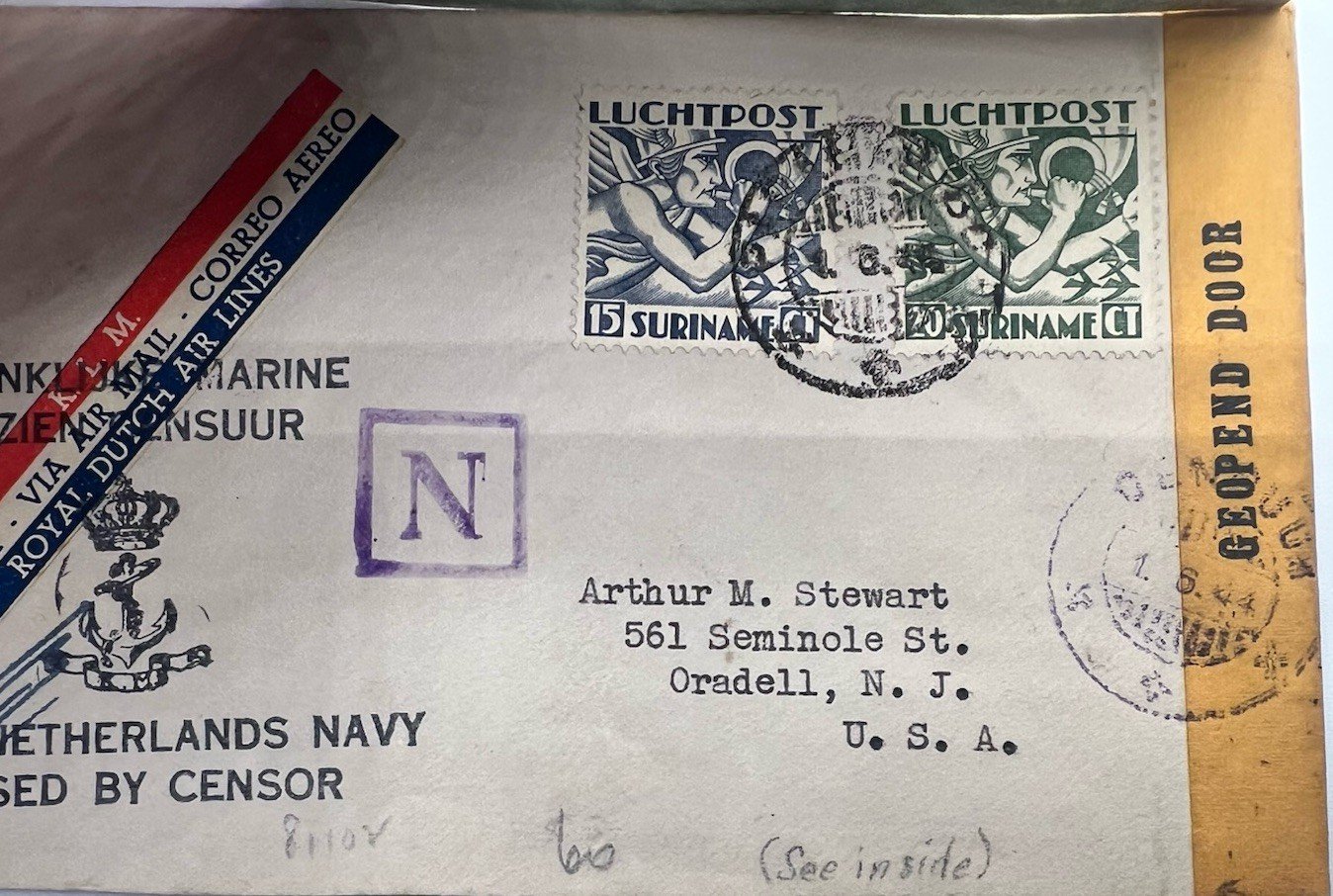 1942 Suriname WWII Censored KLM Airmail Cover to USA w/ OC-3 # 1238 photo 2