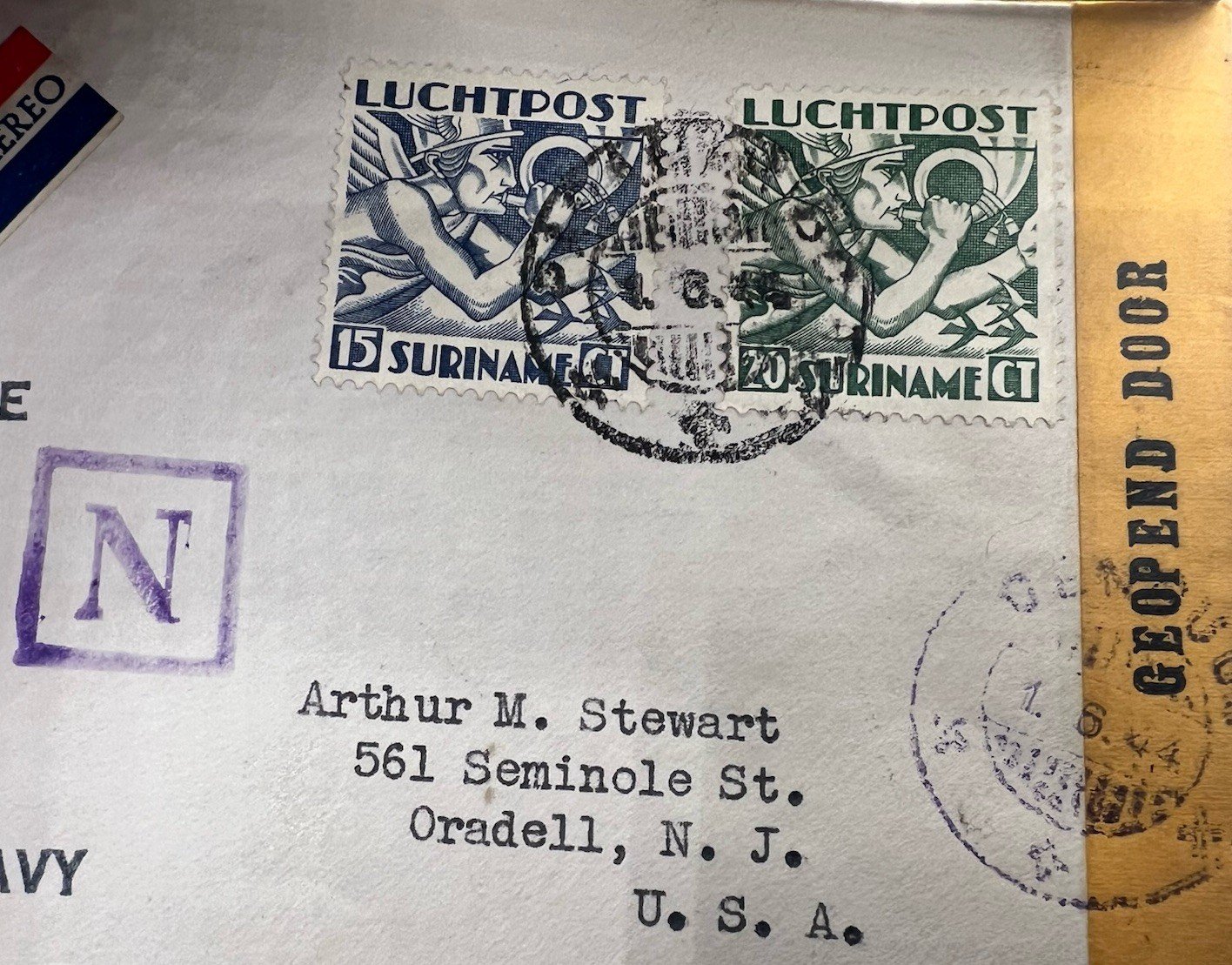 1942 Suriname WWII Censored KLM Airmail Cover to USA w/ OC-3 # 1238 photo 3