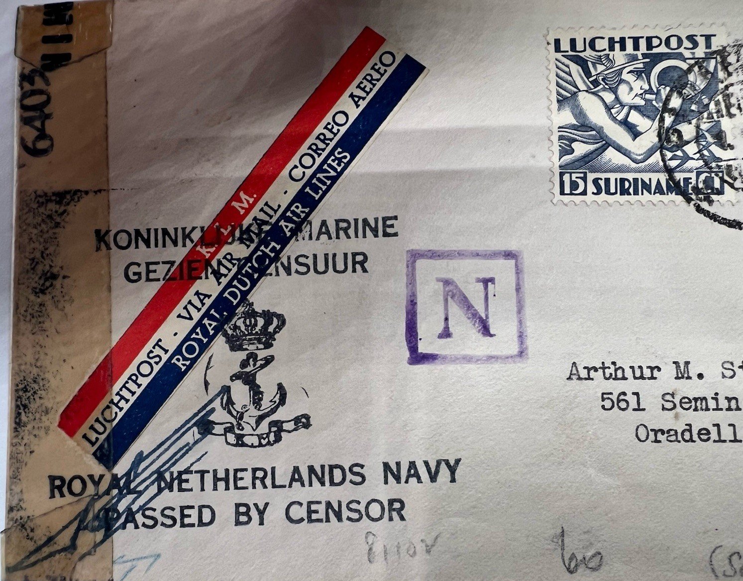 1942 Suriname WWII Censored KLM Airmail Cover to USA w/ OC-3 # 1238 photo 4