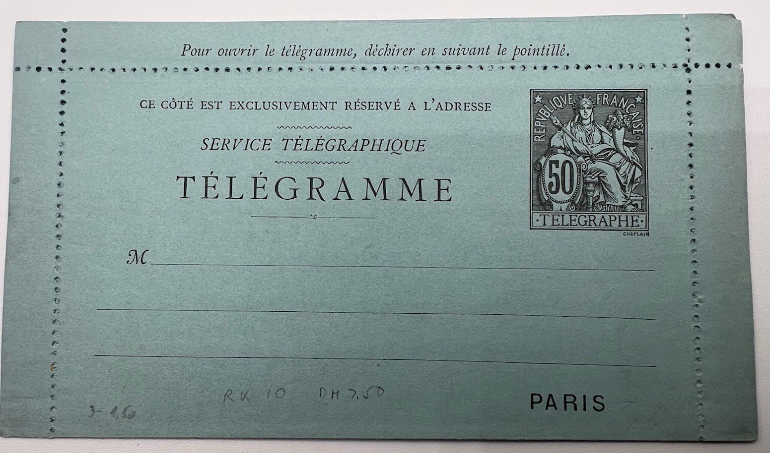 1885 France 50c Chaplain Paris Pneumatic Telegram Letter Card # 1241