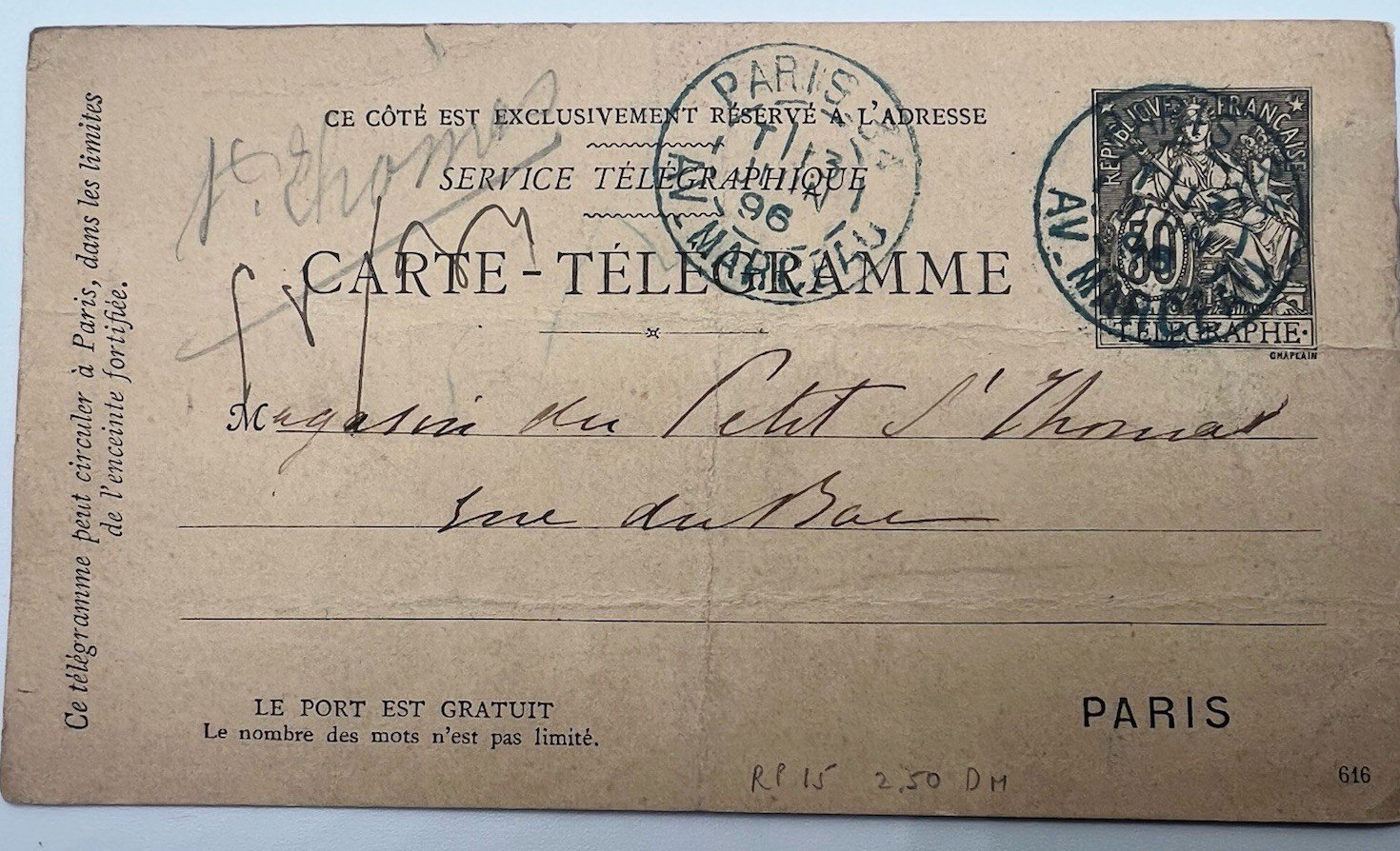 1896 France 50c Chaplain Paris Pneumatic Carte-Telegramme # 1241