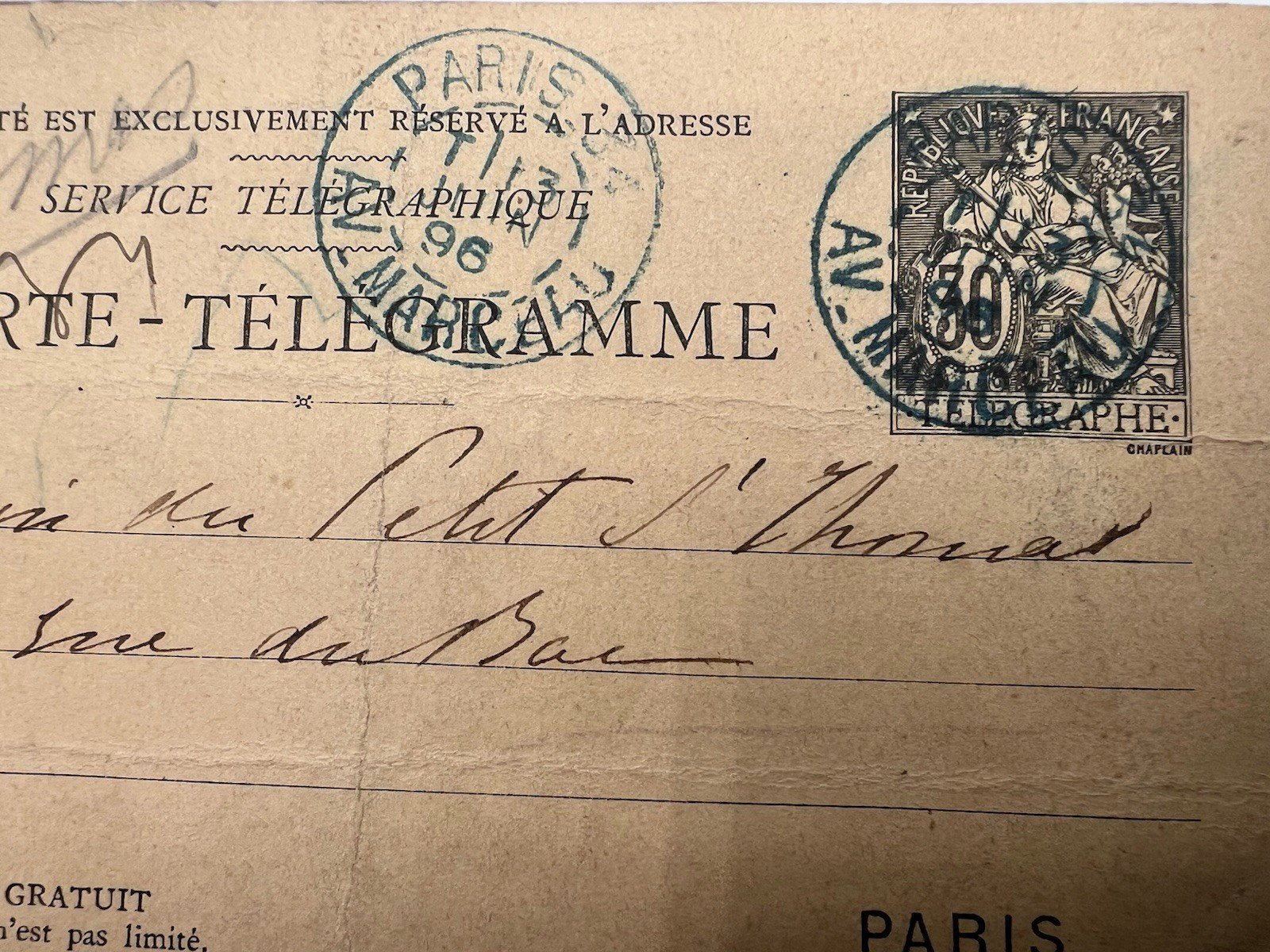 1896 France 50c Chaplain Paris Pneumatic Carte-Telegramme # 1241 photo 2