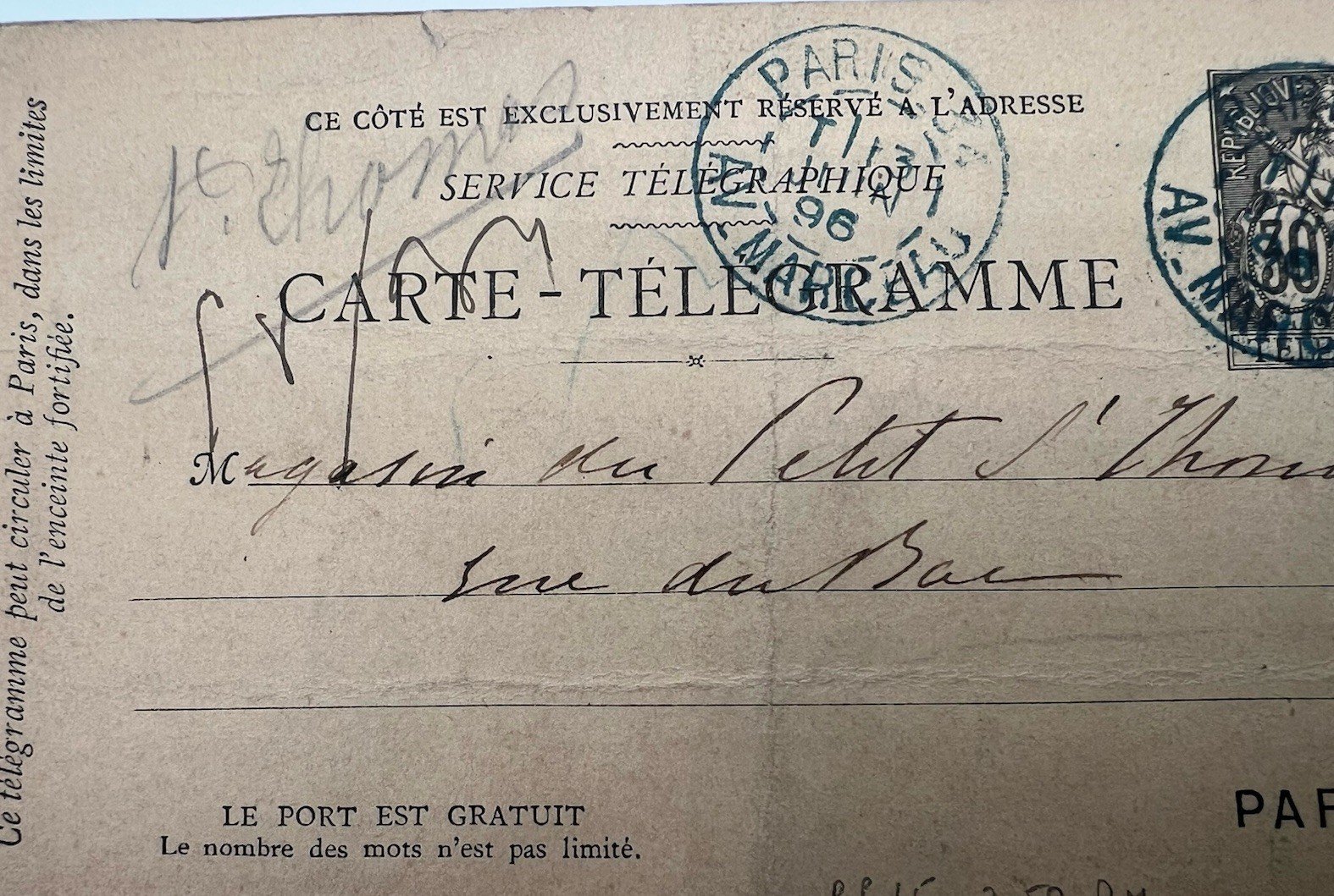 1896 France 50c Chaplain Paris Pneumatic Carte-Telegramme # 1241 photo 3