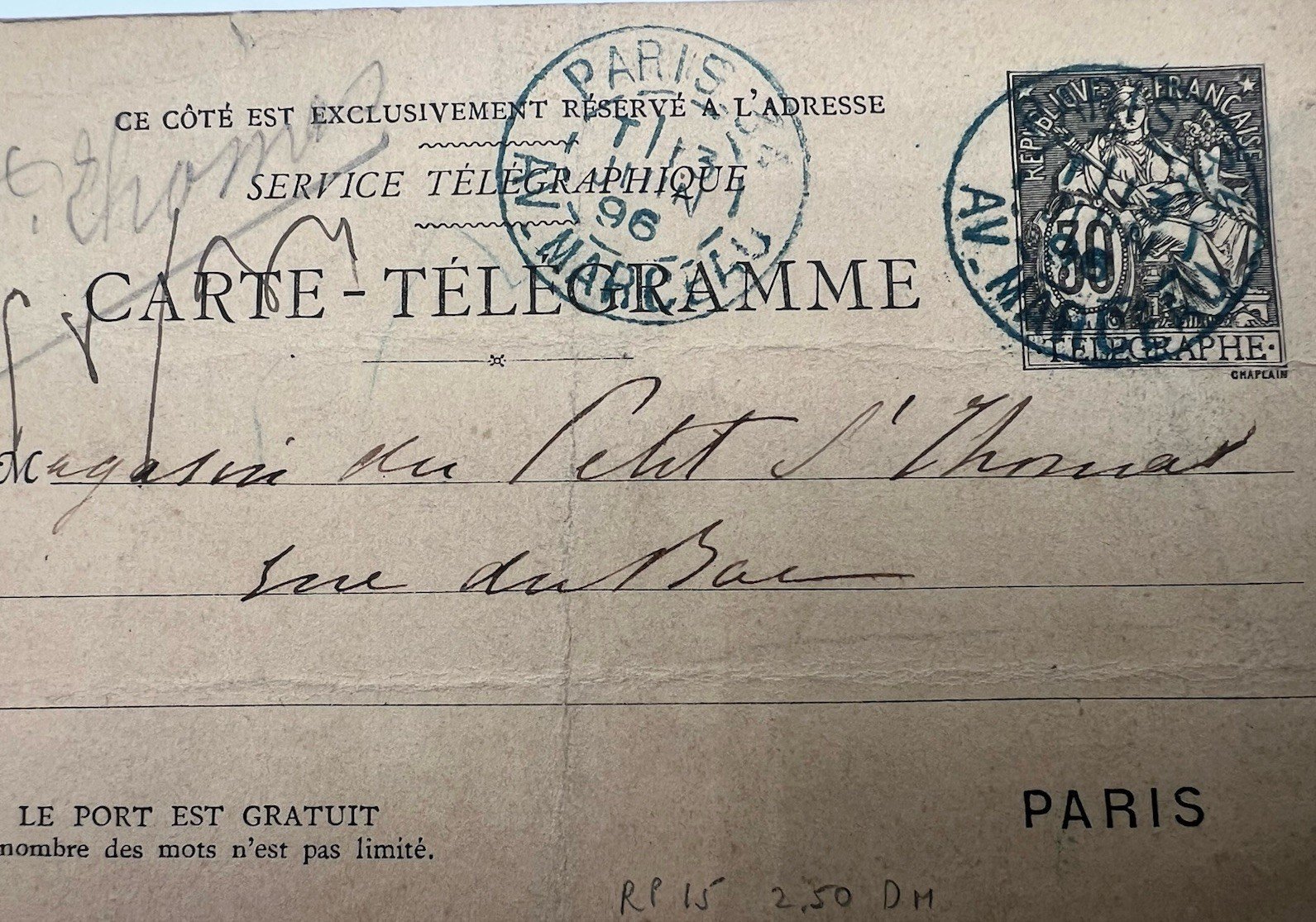 1896 France 50c Chaplain Paris Pneumatic Carte-Telegramme # 1241 photo 4