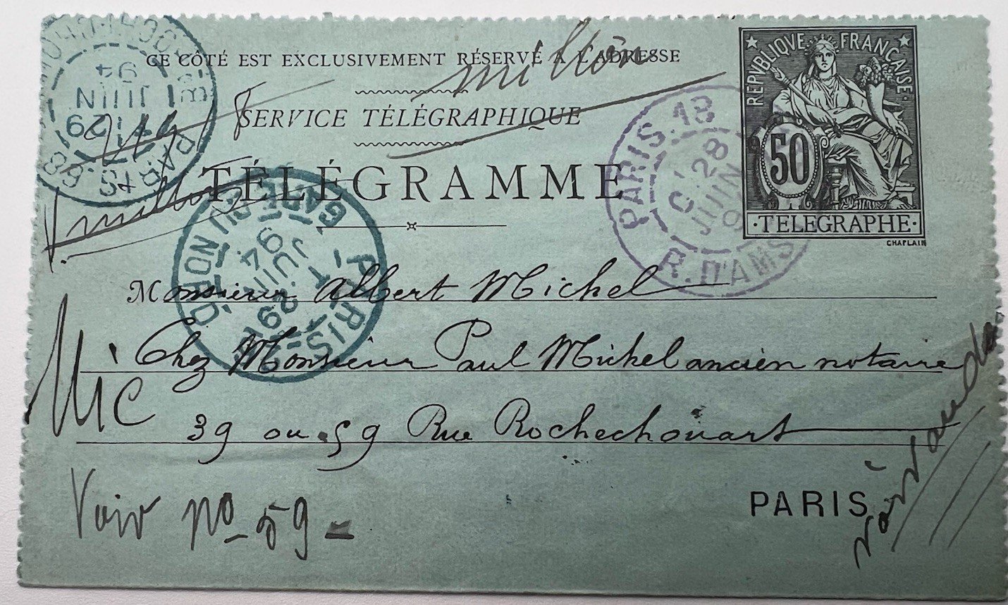 1894 Paris Petit Bleu Telegram Religious Vows 50c Chaplain # 1244