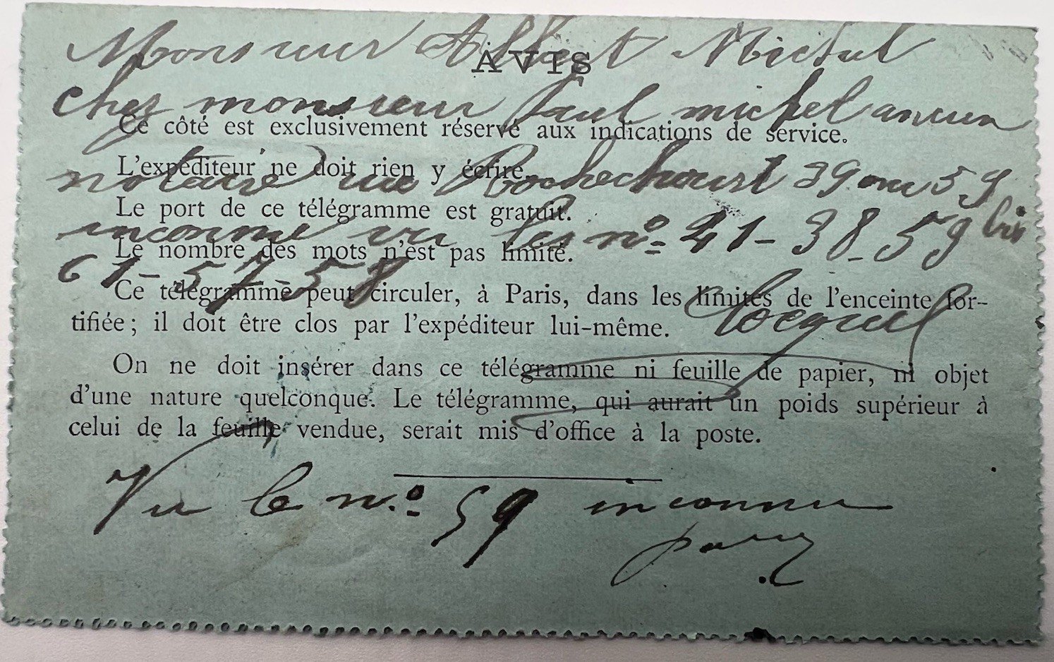 1894 Paris Petit Bleu Telegram Religious Vows 50c Chaplain # 1244 photo 4