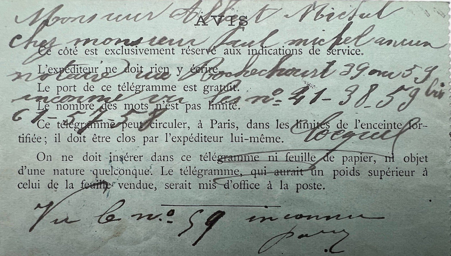 1894 Paris Petit Bleu Telegram Religious Vows 50c Chaplain # 1244 photo 5