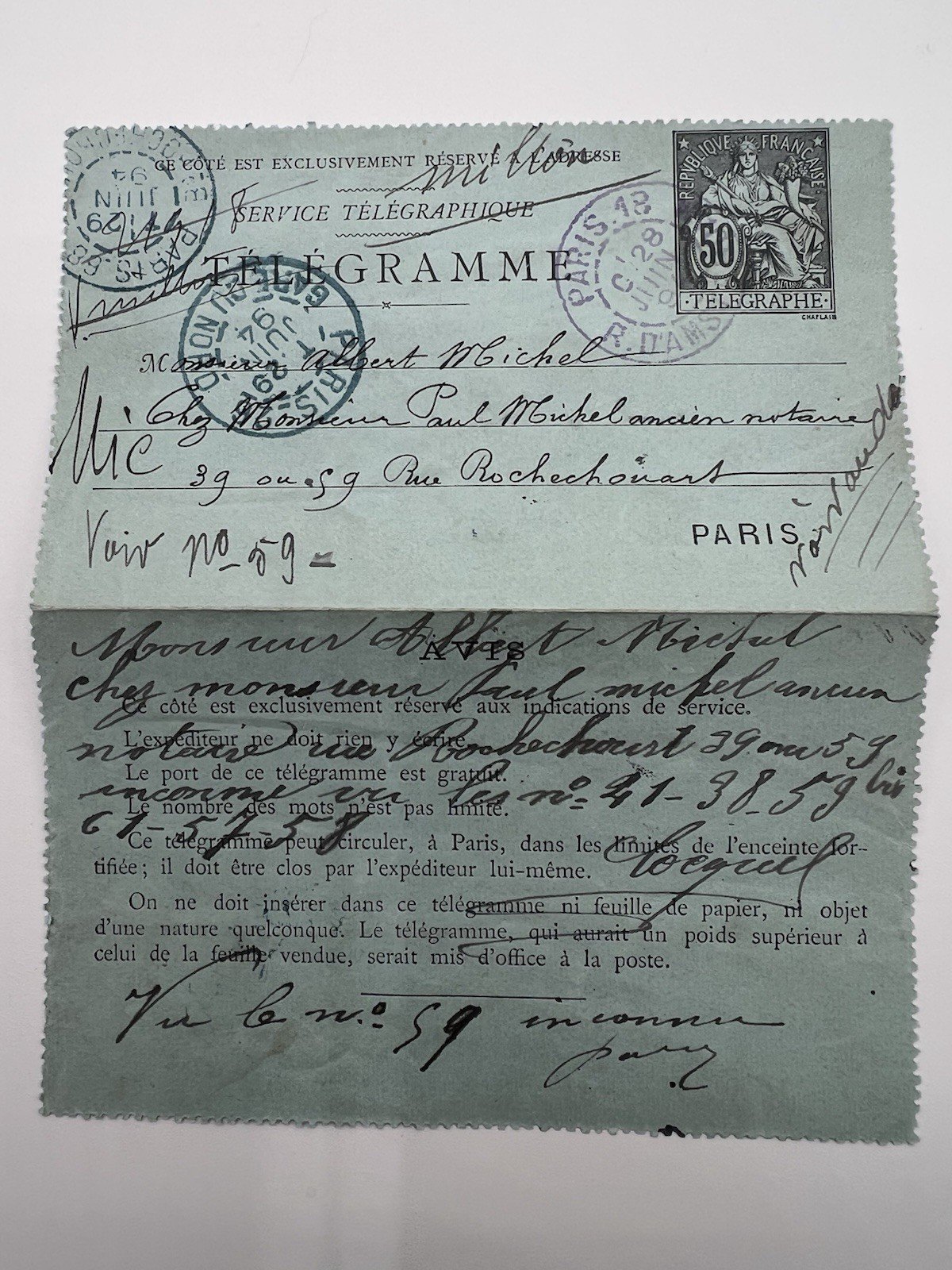 1894 Paris Petit Bleu Telegram Religious Vows 50c Chaplain # 1244 photo 6