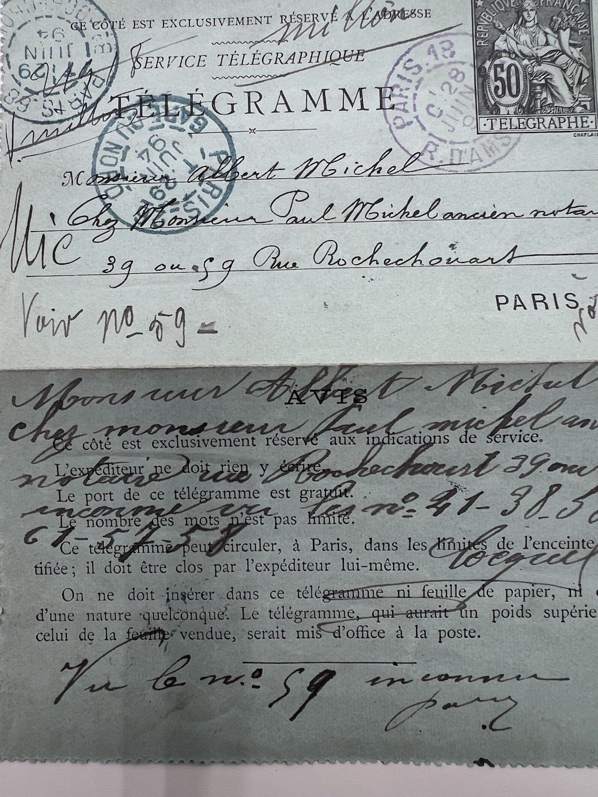 1894 Paris Petit Bleu Telegram Religious Vows 50c Chaplain # 1244 photo 7