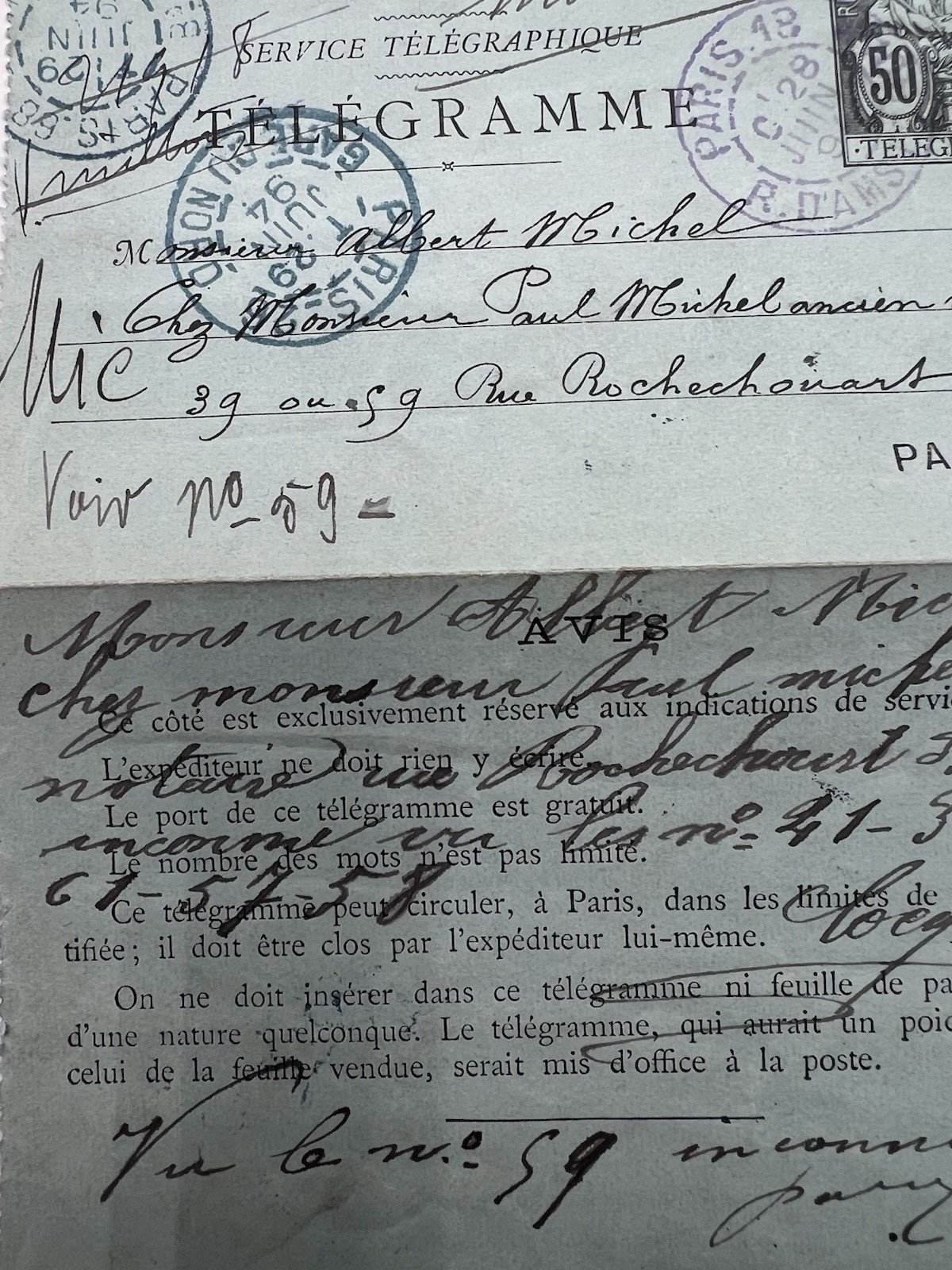 1894 Paris Petit Bleu Telegram Religious Vows 50c Chaplain # 1244 photo 8