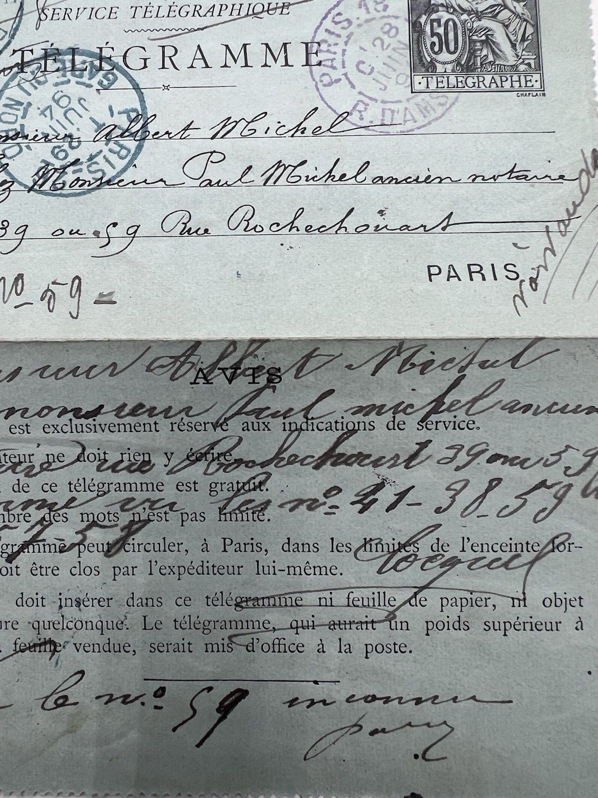 1894 Paris Petit Bleu Telegram Religious Vows 50c Chaplain # 1244 photo 9