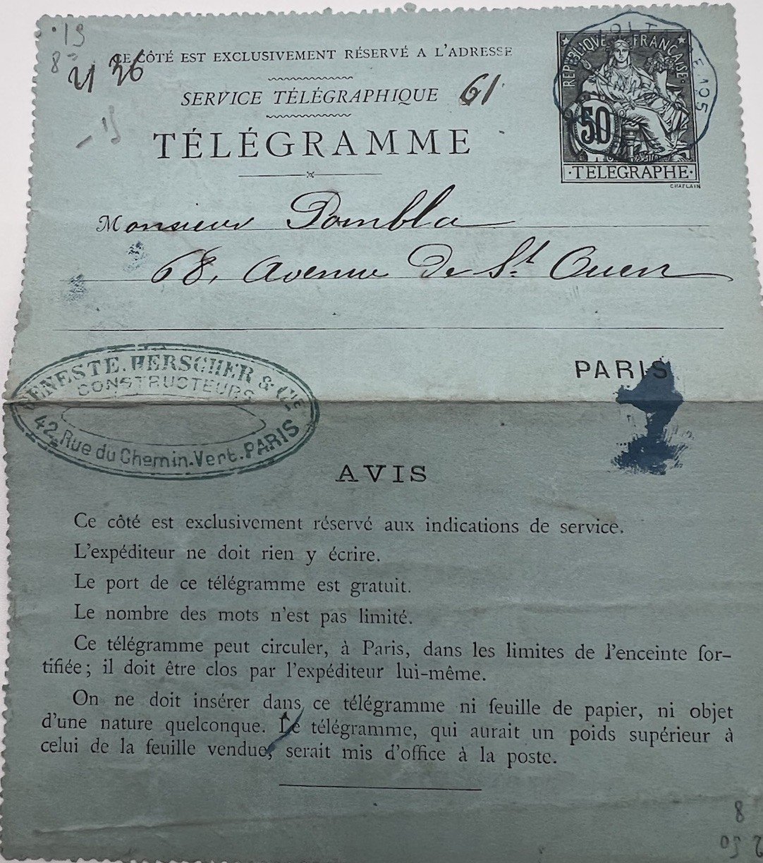 1894 Paris Petit Bleu Telegram Geneste Herscher 50c Chaplain # 1245