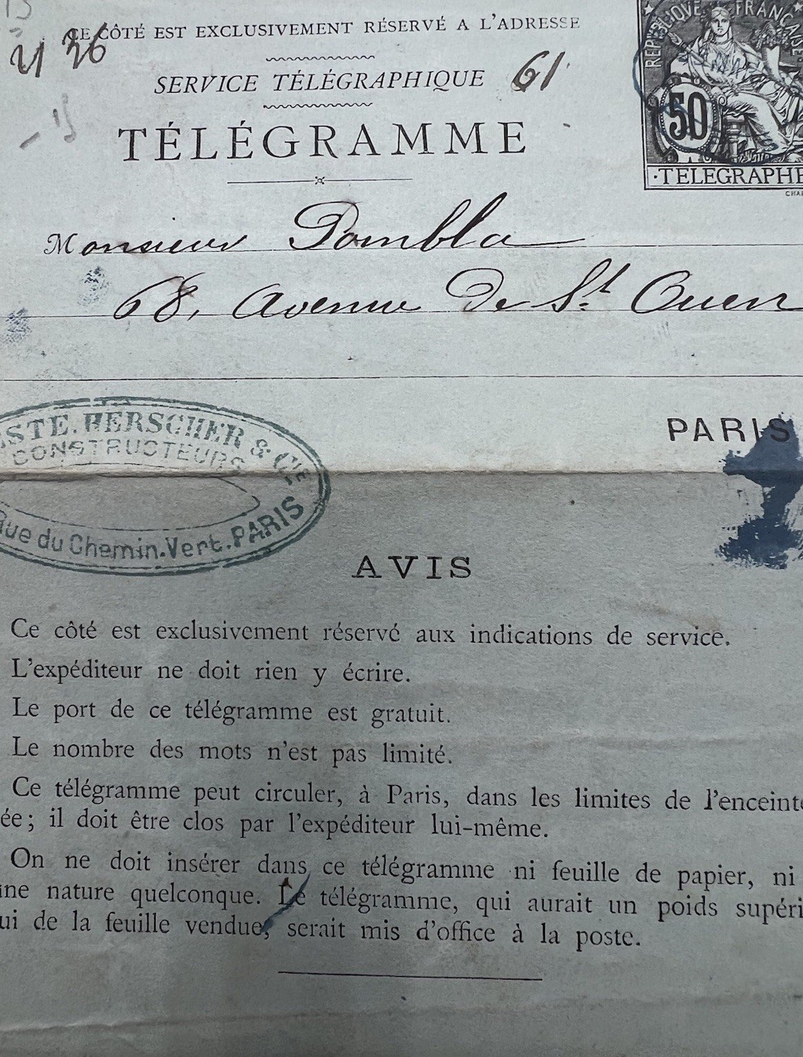 1894 Paris Petit Bleu Telegram Geneste Herscher 50c Chaplain # 1245 photo 2