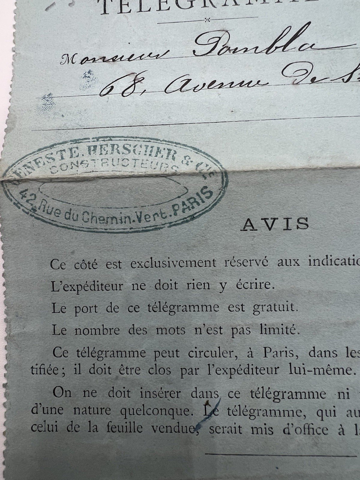 1894 Paris Petit Bleu Telegram Geneste Herscher 50c Chaplain # 1245 photo 3