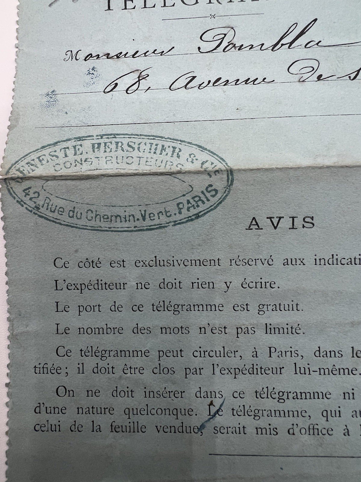 1894 Paris Petit Bleu Telegram Geneste Herscher 50c Chaplain # 1245 photo 4