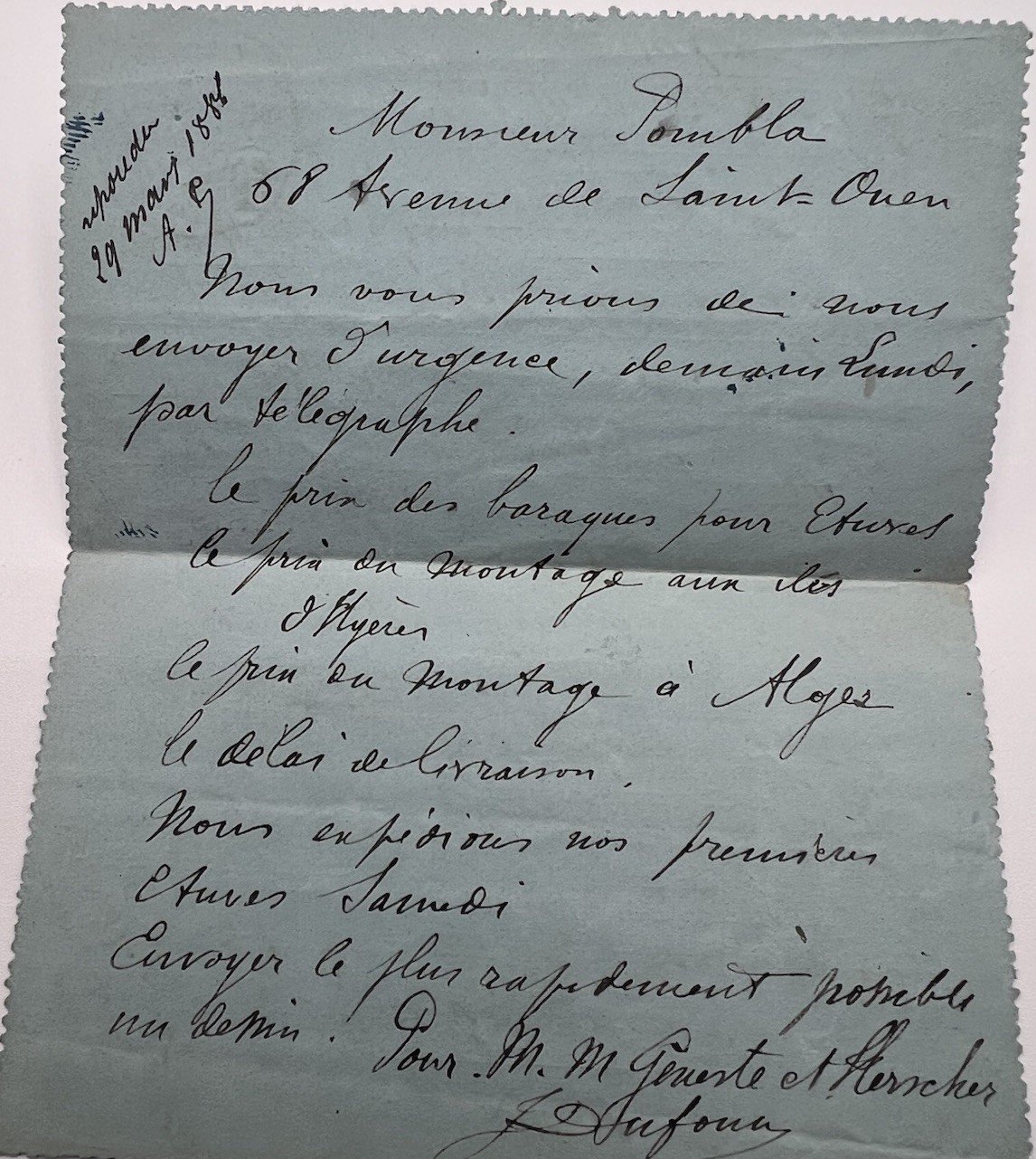 1894 Paris Petit Bleu Telegram Geneste Herscher 50c Chaplain # 1245 photo 5