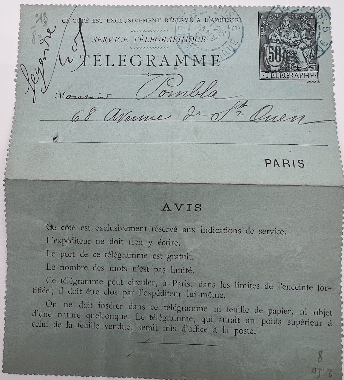 1894 Paris Petit Bleu Telegram Signed Architect Charles Labro # 1246