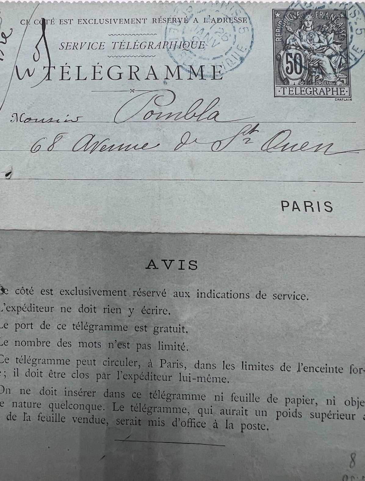 1894 Paris Petit Bleu Telegram Signed Architect Charles Labro # 1246 photo 2