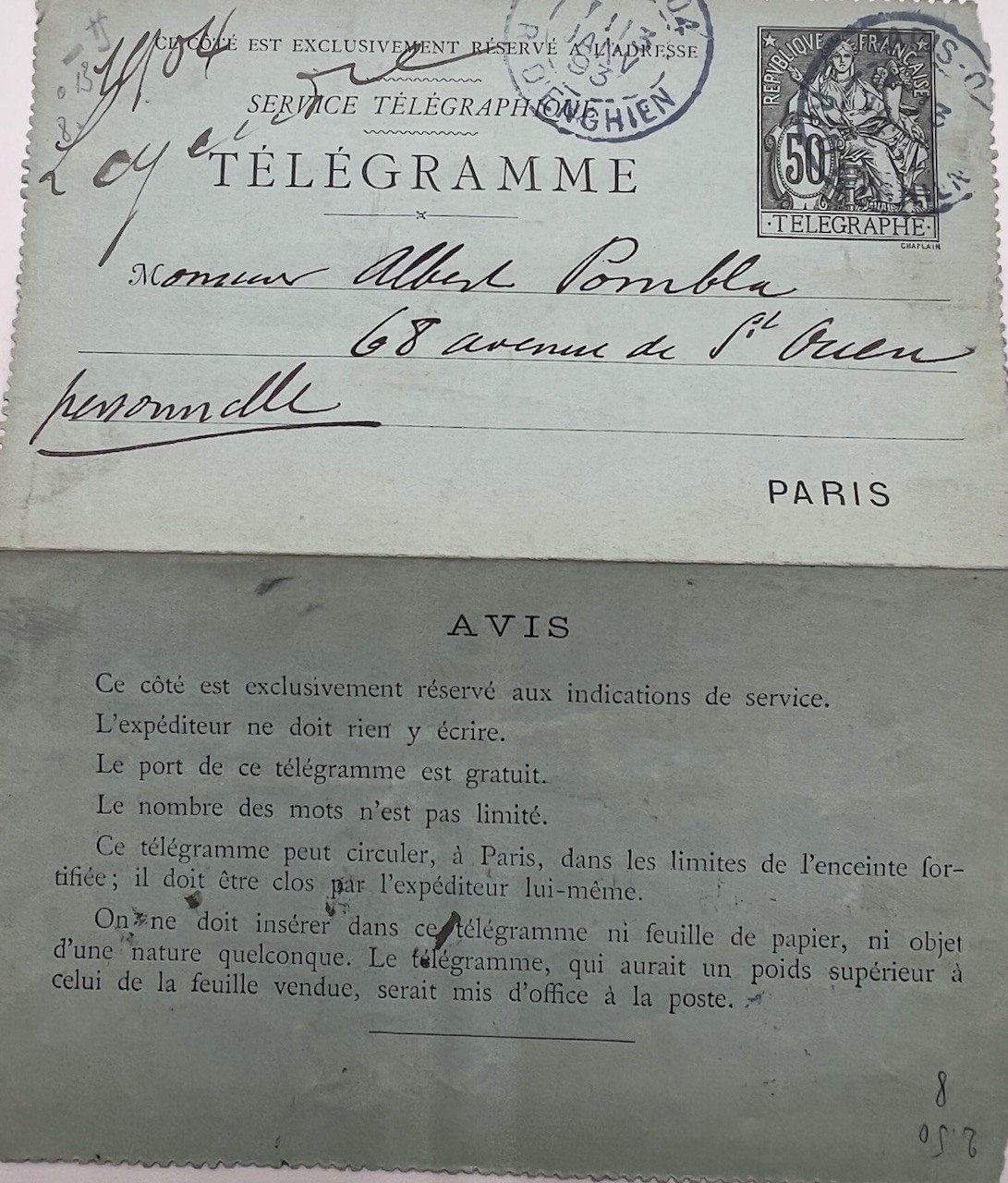 1894 Paris Petit Bleu Personal Telegram 50c Chaplain Poubla # 1247