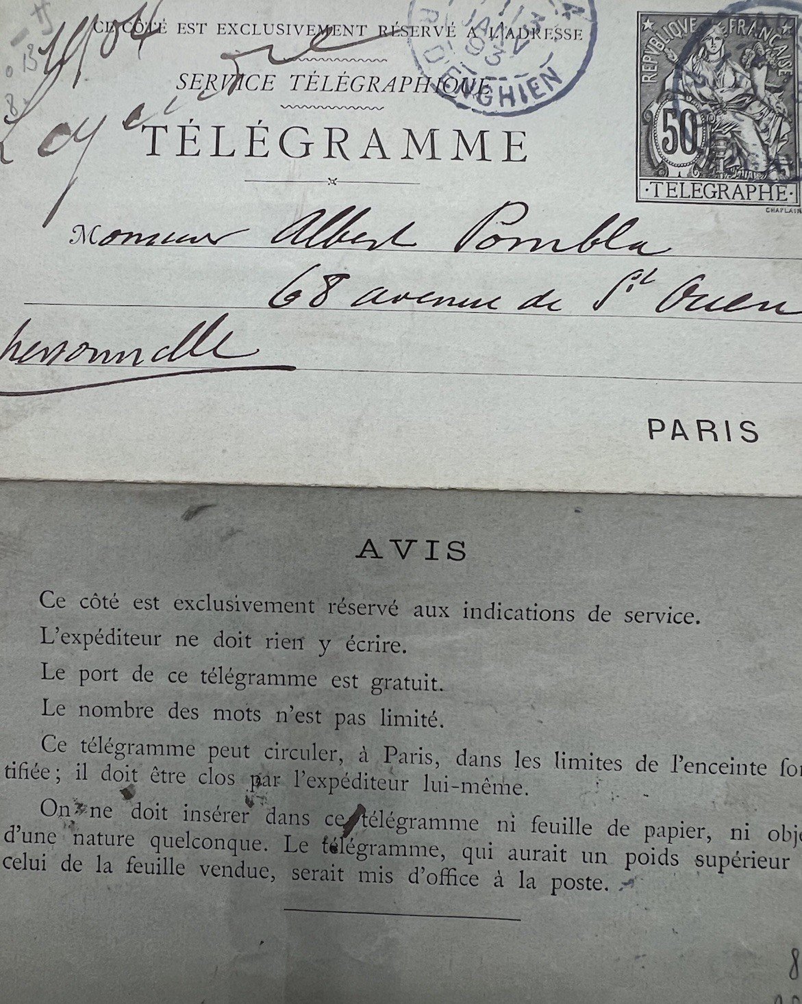 1894 Paris Petit Bleu Personal Telegram 50c Chaplain Poubla # 1247 photo 2