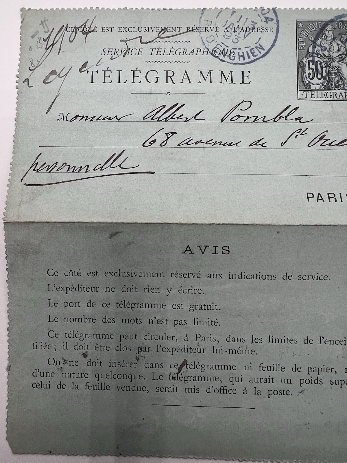 1894 Paris Petit Bleu Personal Telegram 50c Chaplain Poubla # 1247 photo 3