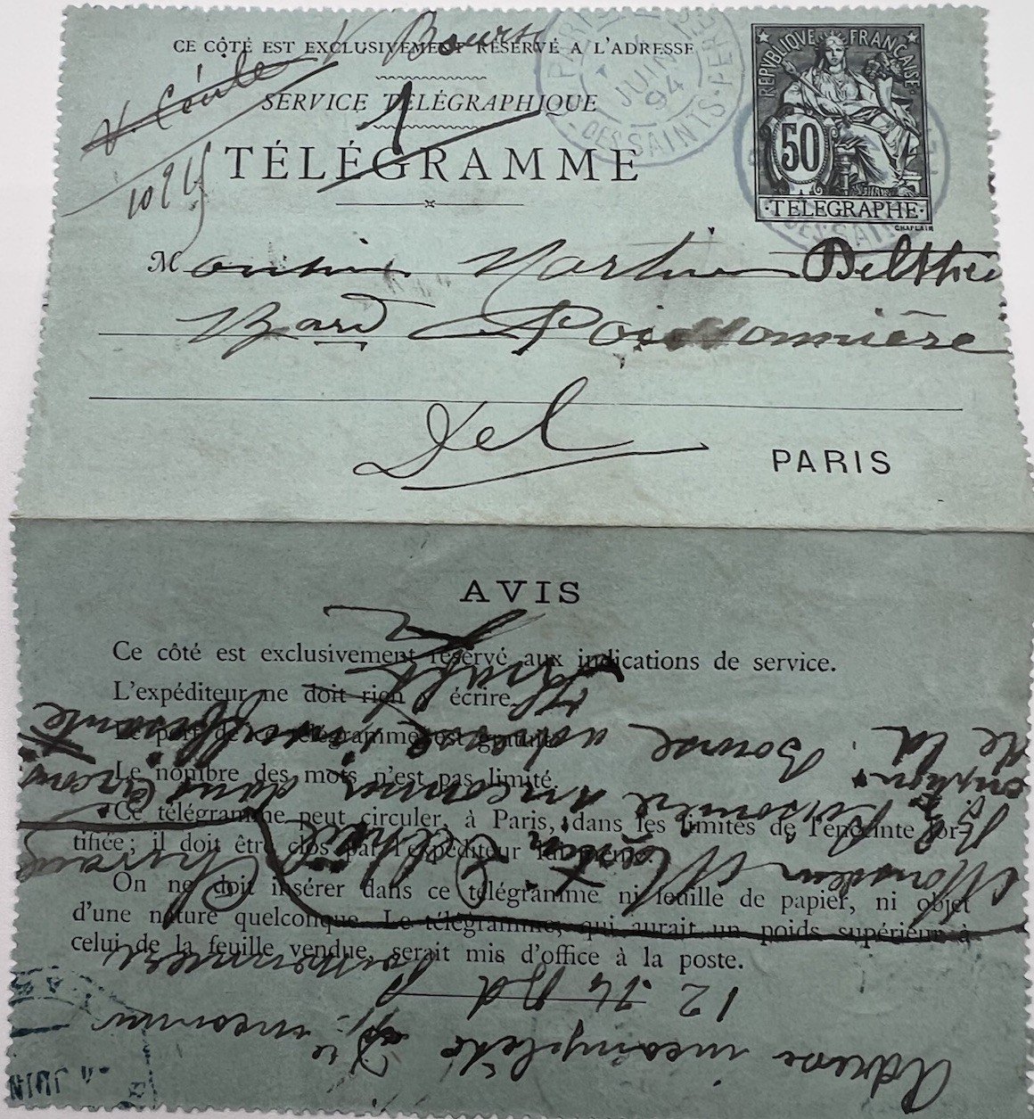 1894 Paris Petit Bleu Forwarded Returned Telegram 50c Chaplain # 1248
